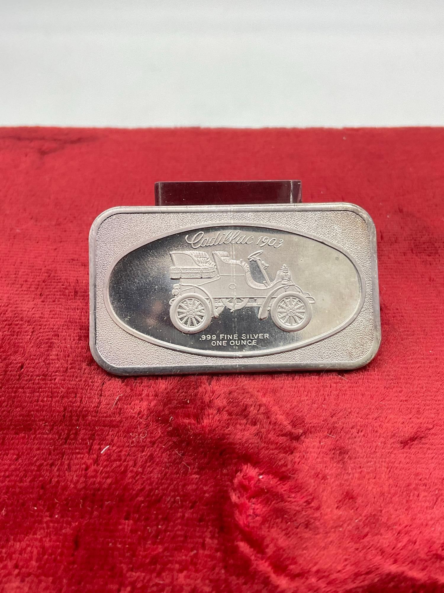 .999 One ounce silver Art bar featuring a 1903 Cadillac: c-5010