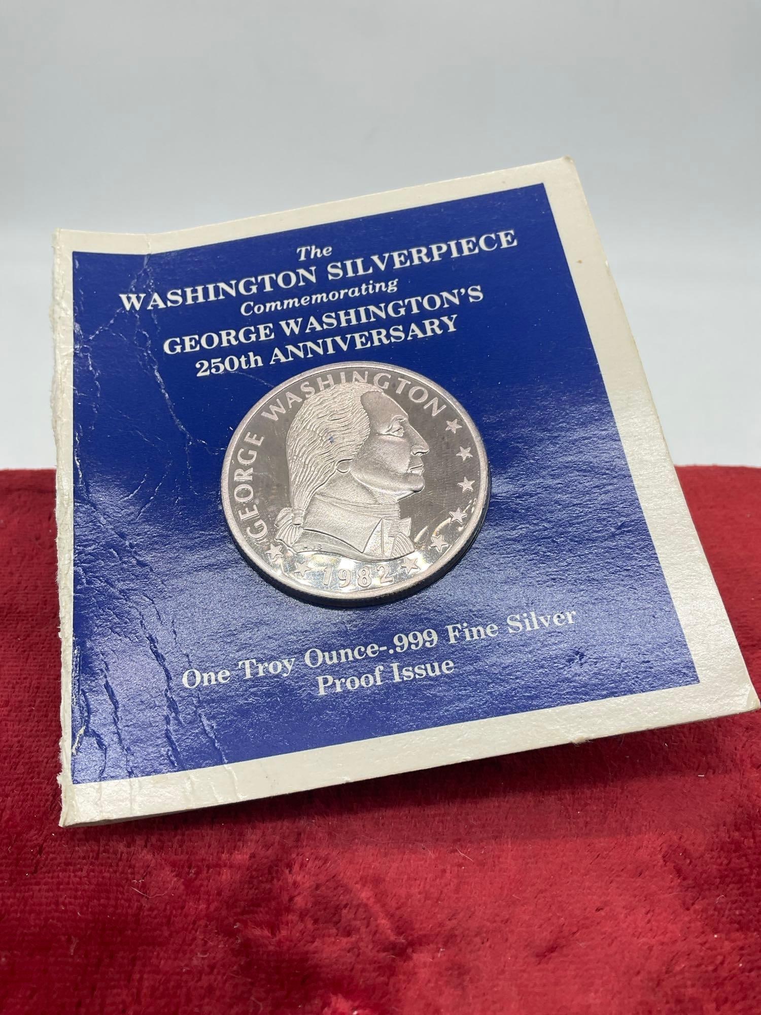 1982 George Washington 250th Anniversary .999 One ounce silver Proof Round in sealed Display - 2