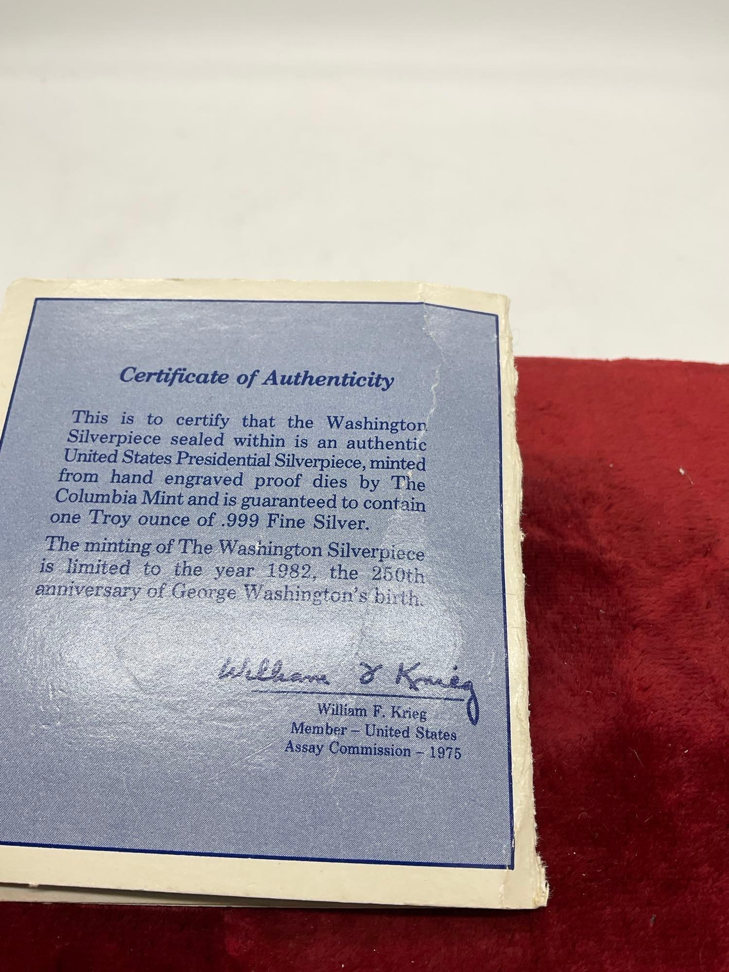 1982 George Washington 250th Anniversary .999 One ounce silver Proof Round in sealed Display - 5