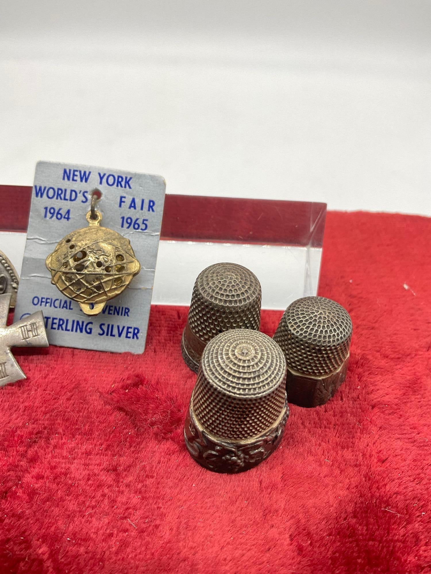 Set Antique Sterling 3x sewing thimbles w/ Thimble Holder + Antique Heart pendant, cross & Globe - 3