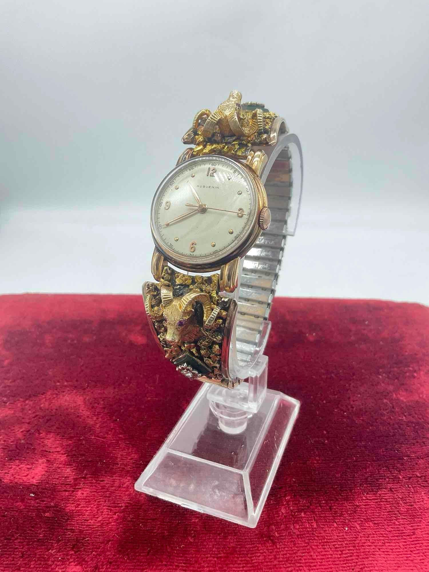 Huguenin MCM 18k Gold watch w/ Alaskan 22k Gold Nugget & 10k gold band ft. Diamond & Ruby - 2