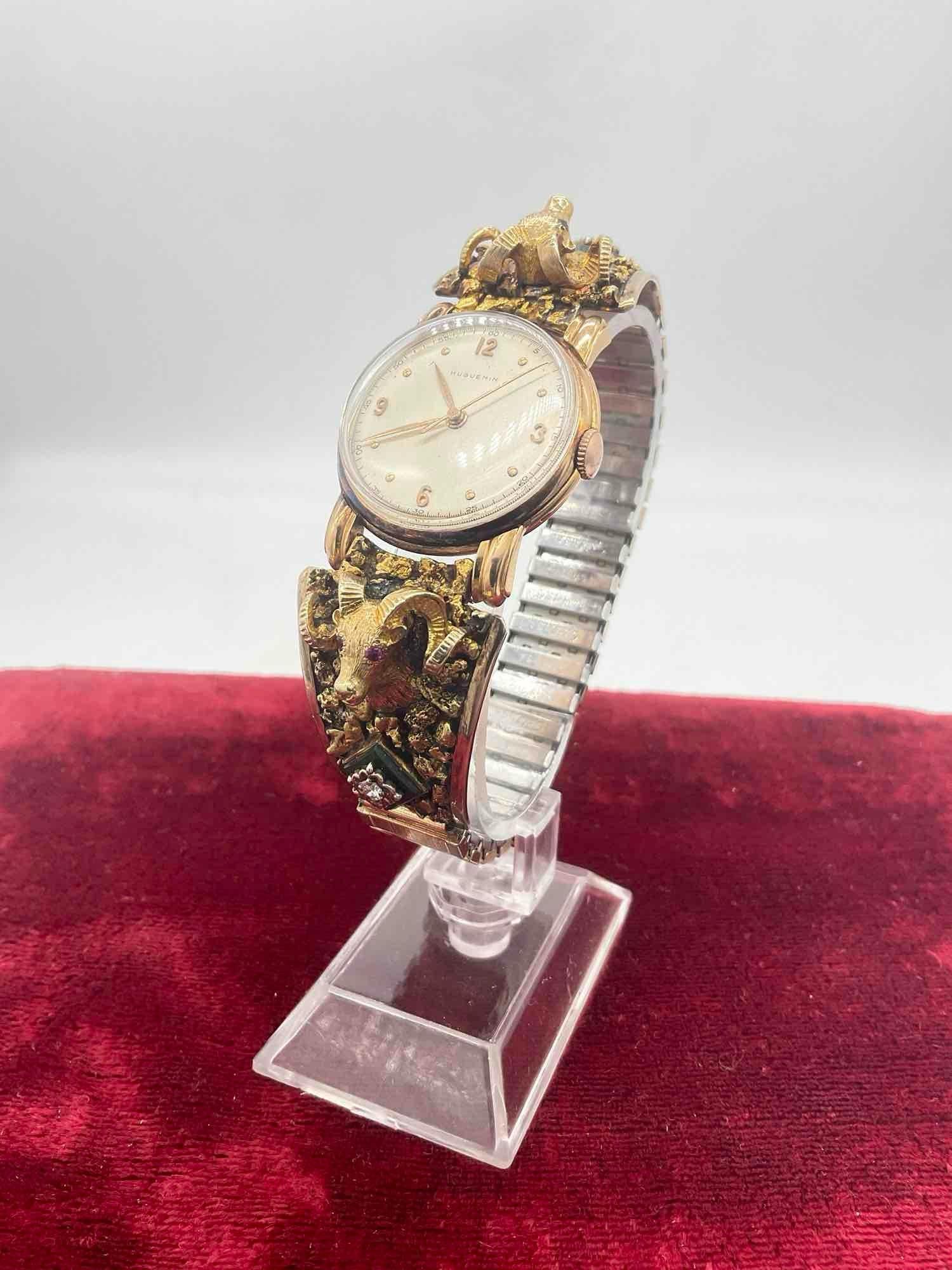 Huguenin MCM 18k Gold watch w/ Alaskan 22k Gold Nugget & 10k gold band ft. Diamond & Ruby - 3