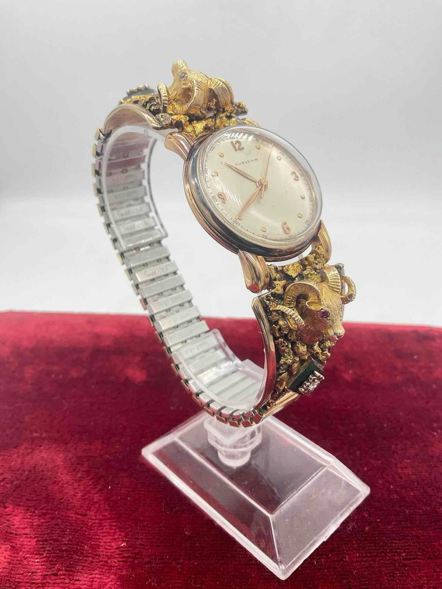 Huguenin MCM 18k Gold watch w/ Alaskan 22k Gold Nugget & 10k gold band ft. Diamond & Ruby - 4