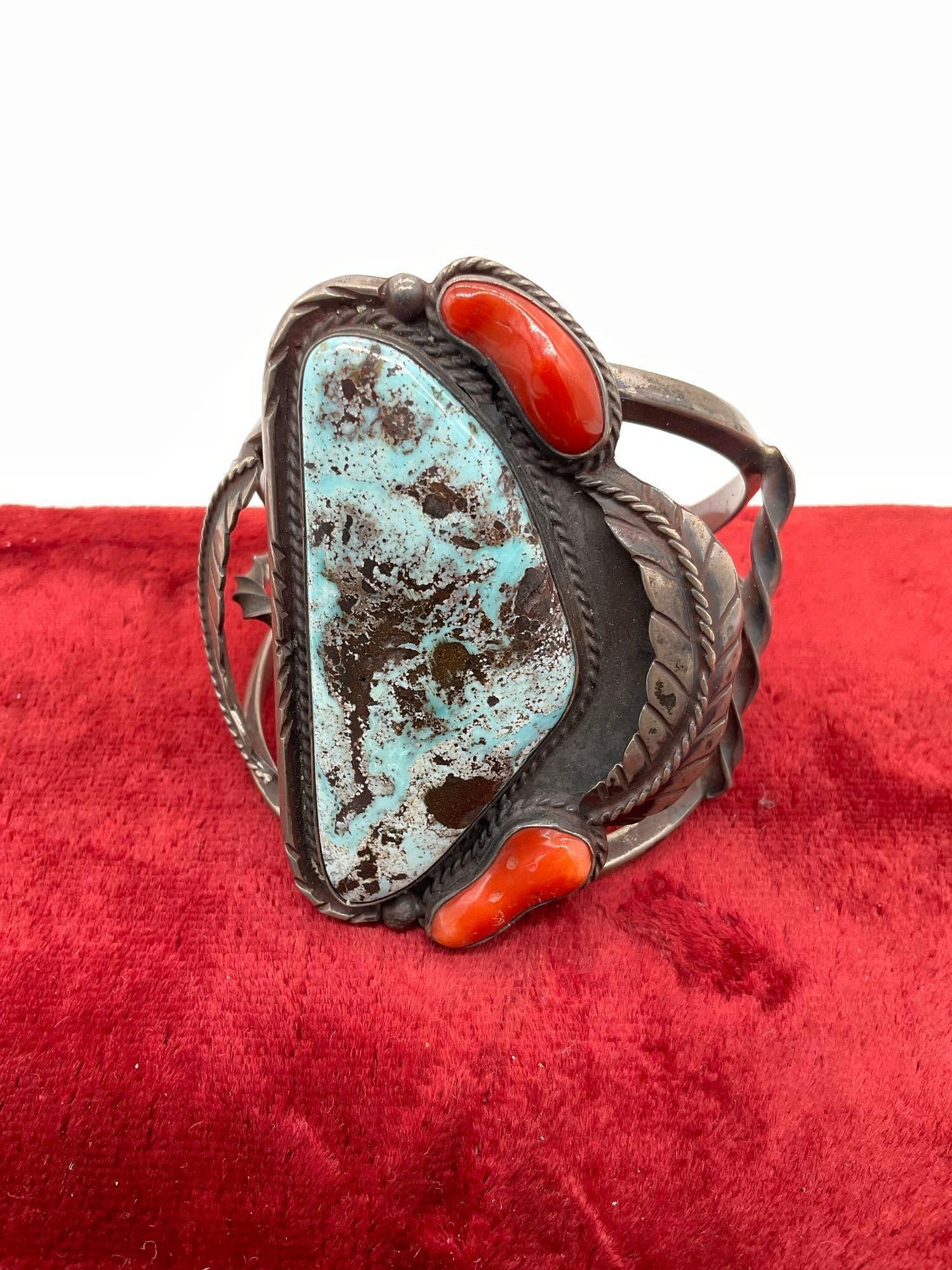 Masterwork Navajo Native American sterling silver bracelet with turquoise and coral - 81.2grams - 2