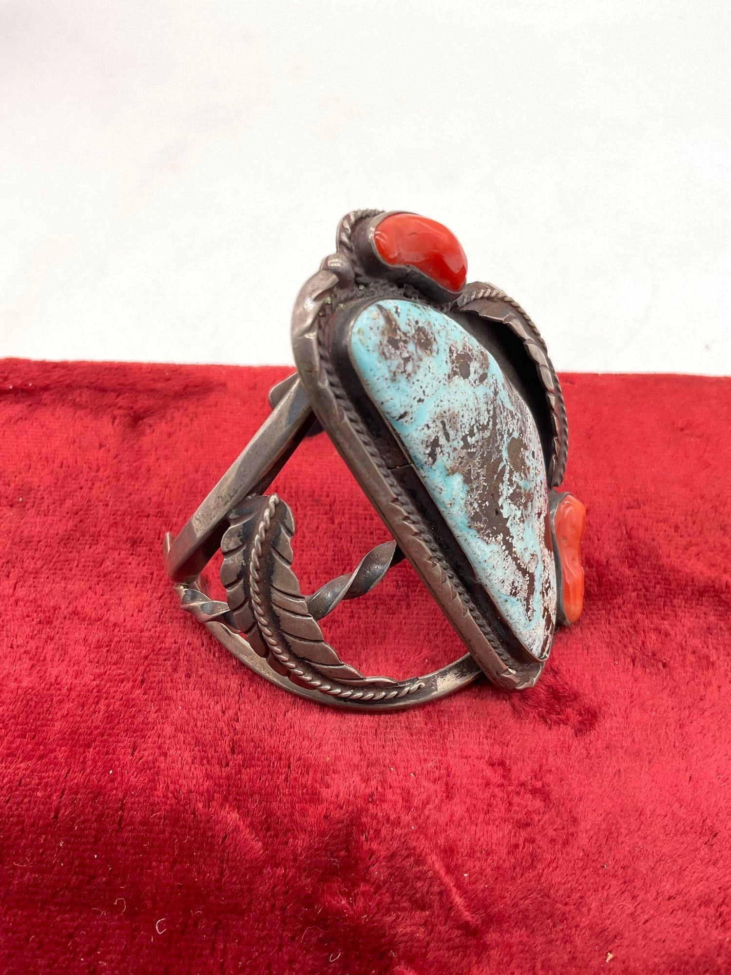 Masterwork Navajo Native American sterling silver bracelet with turquoise and coral - 81.2grams - 3