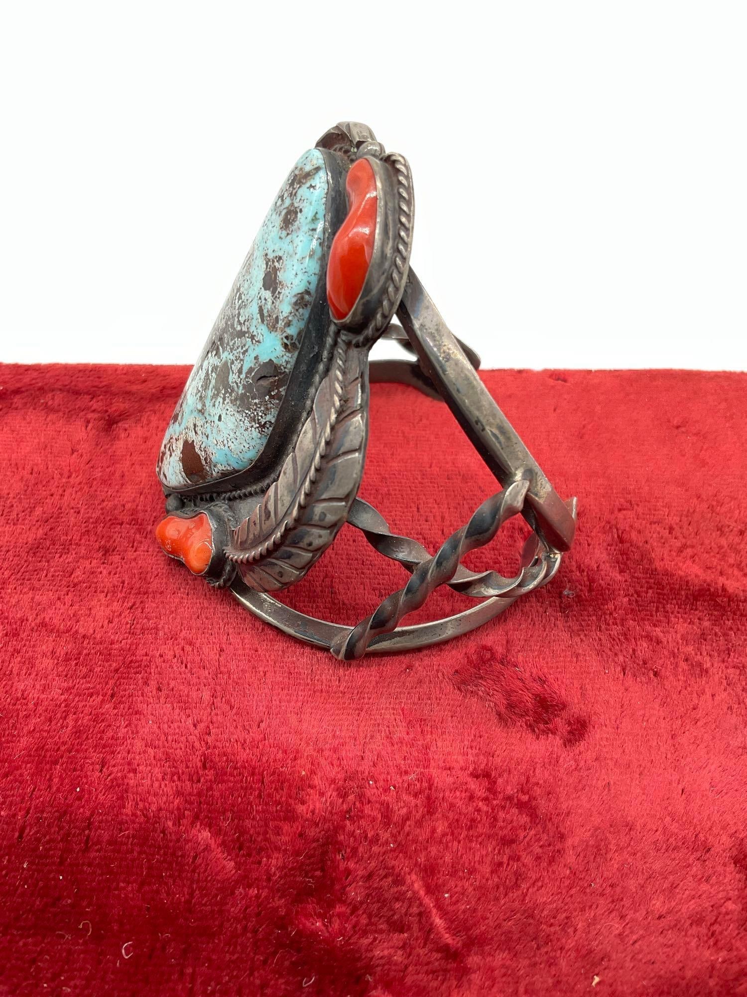 Masterwork Navajo Native American sterling silver bracelet with turquoise and coral - 81.2grams - 4