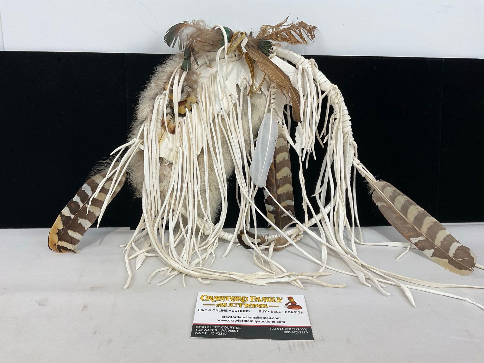 Vintage Leather & Turkey Feather Dreamcatcher, White Leather, hoop is 10h x 10w x 3d inches (1 of 3)