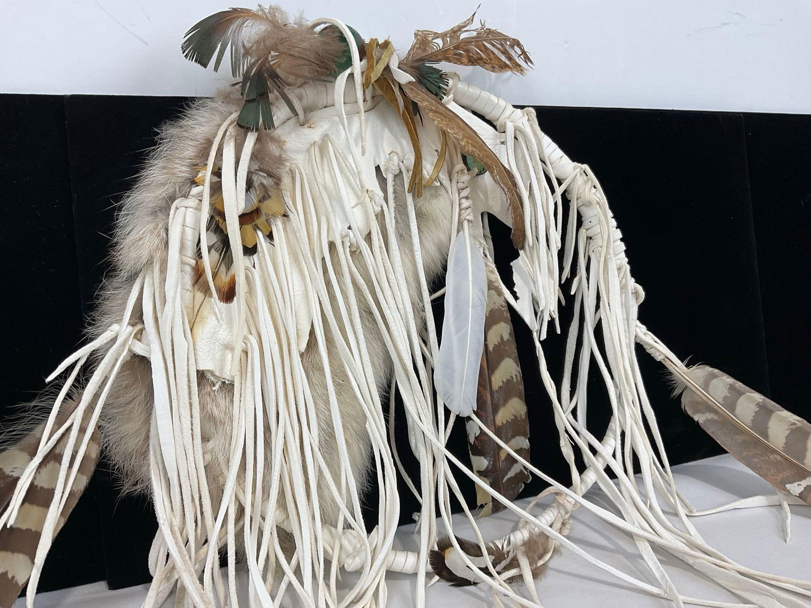 Vintage Leather & Turkey Feather Dreamcatcher, White Leather, hoop is 10h x 10w x 3d inches - 2