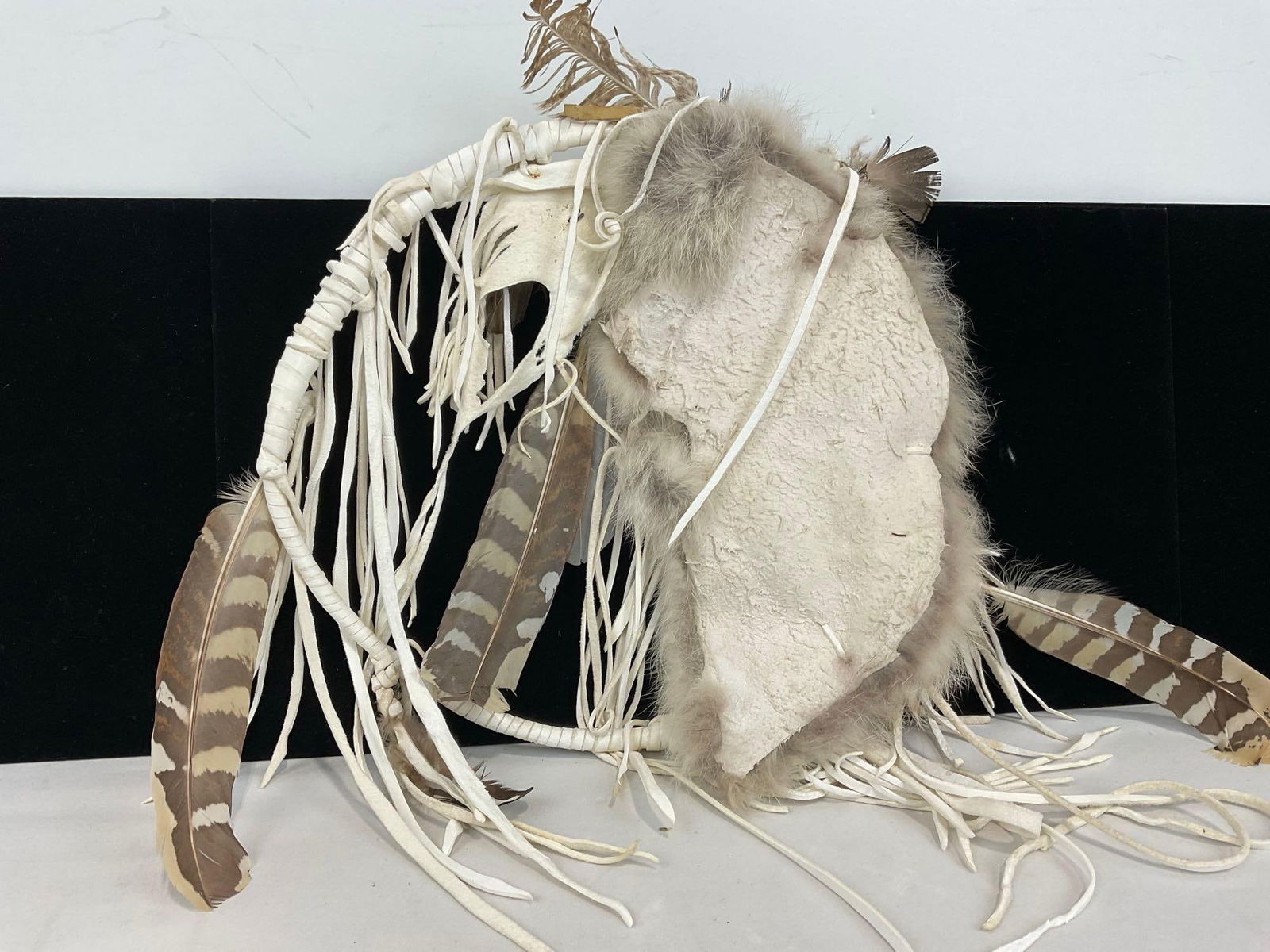 Vintage Leather & Turkey Feather Dreamcatcher, White Leather, hoop is 10h x 10w x 3d inches - 3
