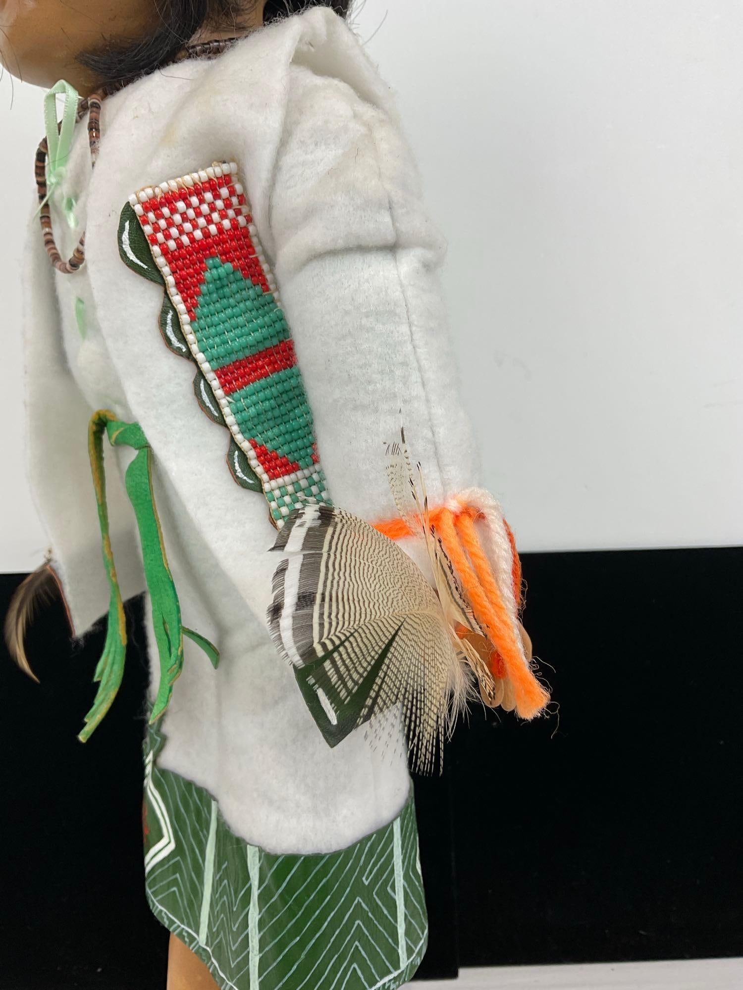 Handmade Native American Doll, Ornate Green/White Clothes, w/intricate beadwork, 19x9x5 inches - 4