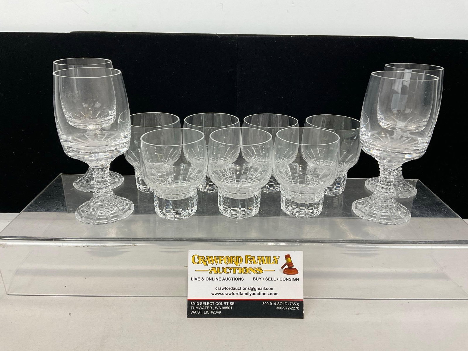 Vintage 1970s Rosenthal Crystal 4 Port Wine Goblets & 7 Shot Glasses, Polaris pattern: Appears to be in good shape. The piece measures approx 6h x 10w x 6d inches. See pics. E-5380 