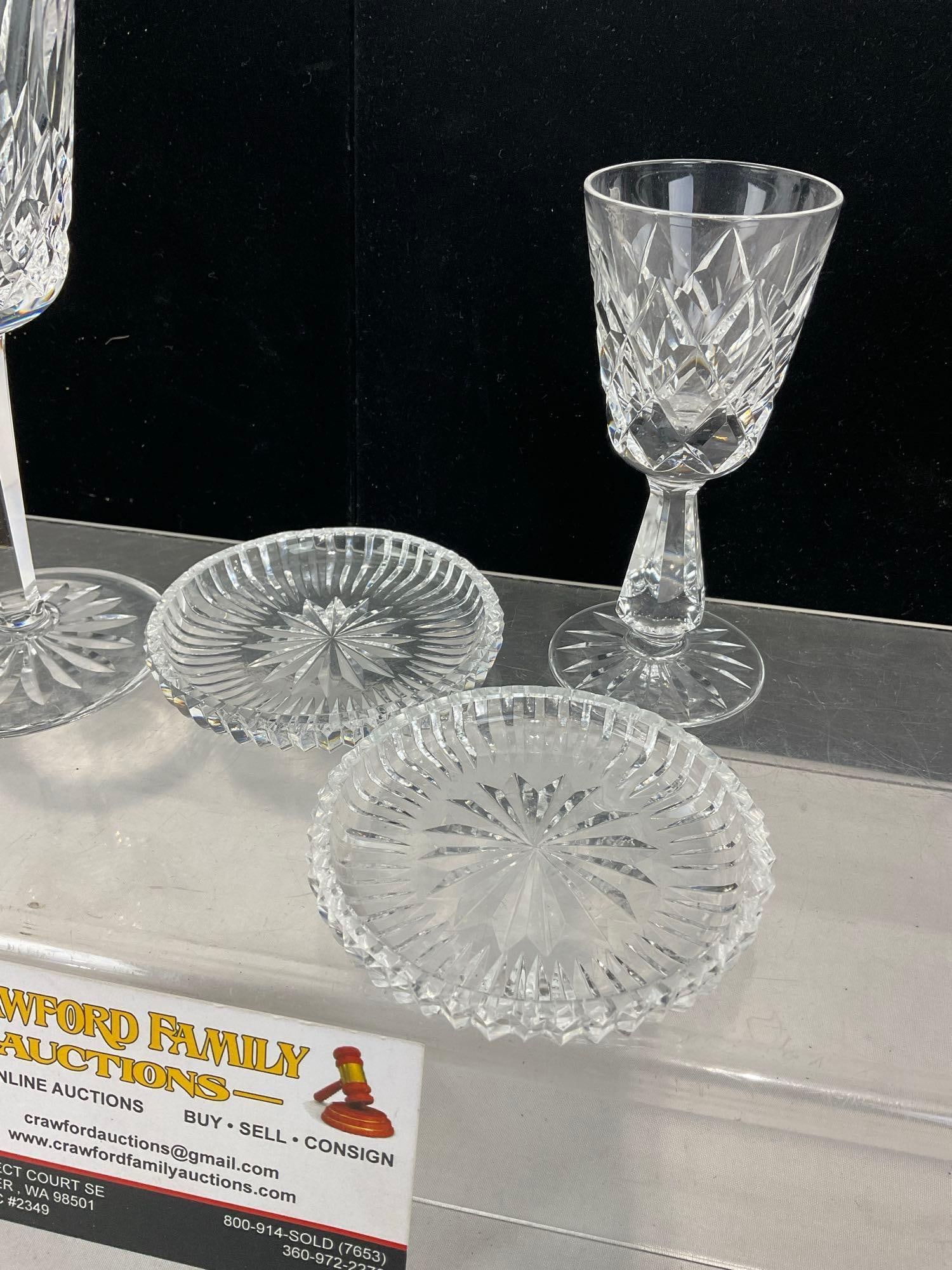 4 pieces of Waterford Crystal, Lismore Water Goblet, 2 Salt Wells & Kinsale Cordial Glass - 2