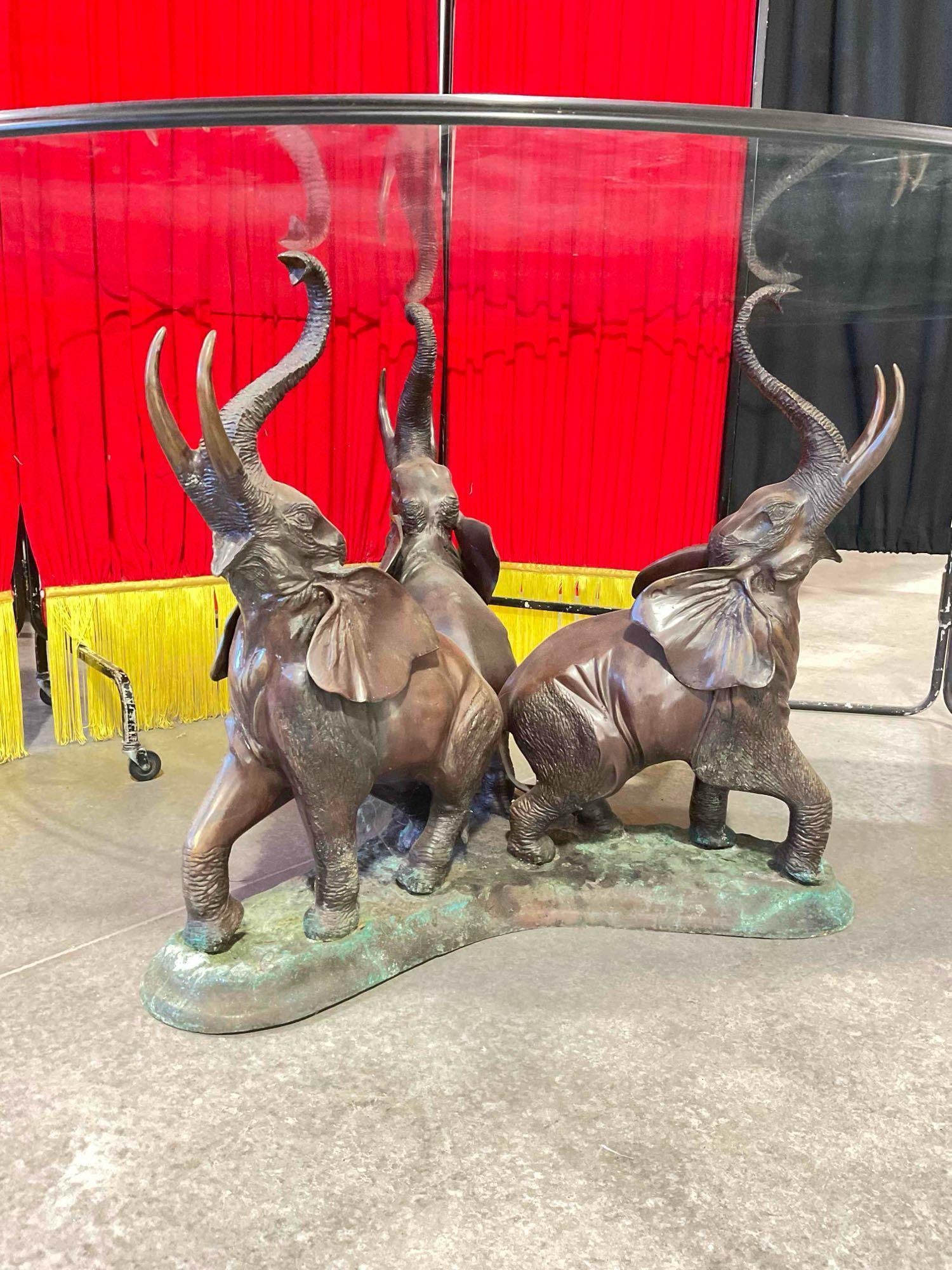Vintage Large Glass Table w/ Impressive Base of 3 Bronze Elephants. Very Good Condition. - 2
