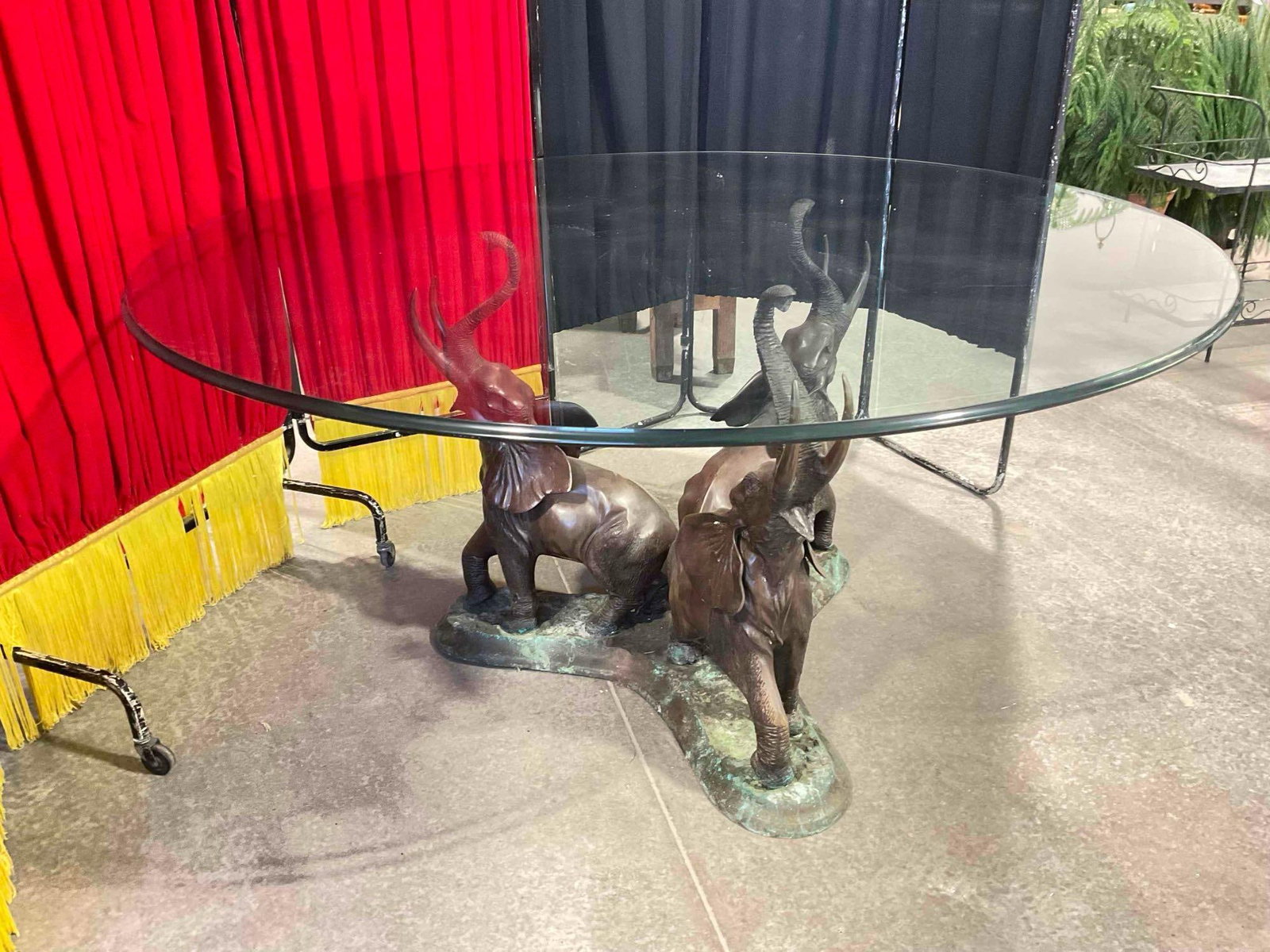 Vintage Large Glass Table w/ Impressive Base of 3 Bronze Elephants. Very Good Condition. - 4