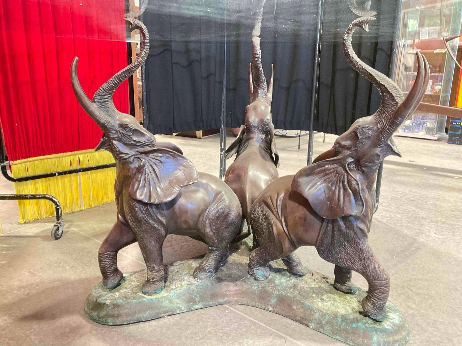 Vintage Large Glass Table w/ Impressive Base of 3 Bronze Elephants. Very Good Condition. - 6