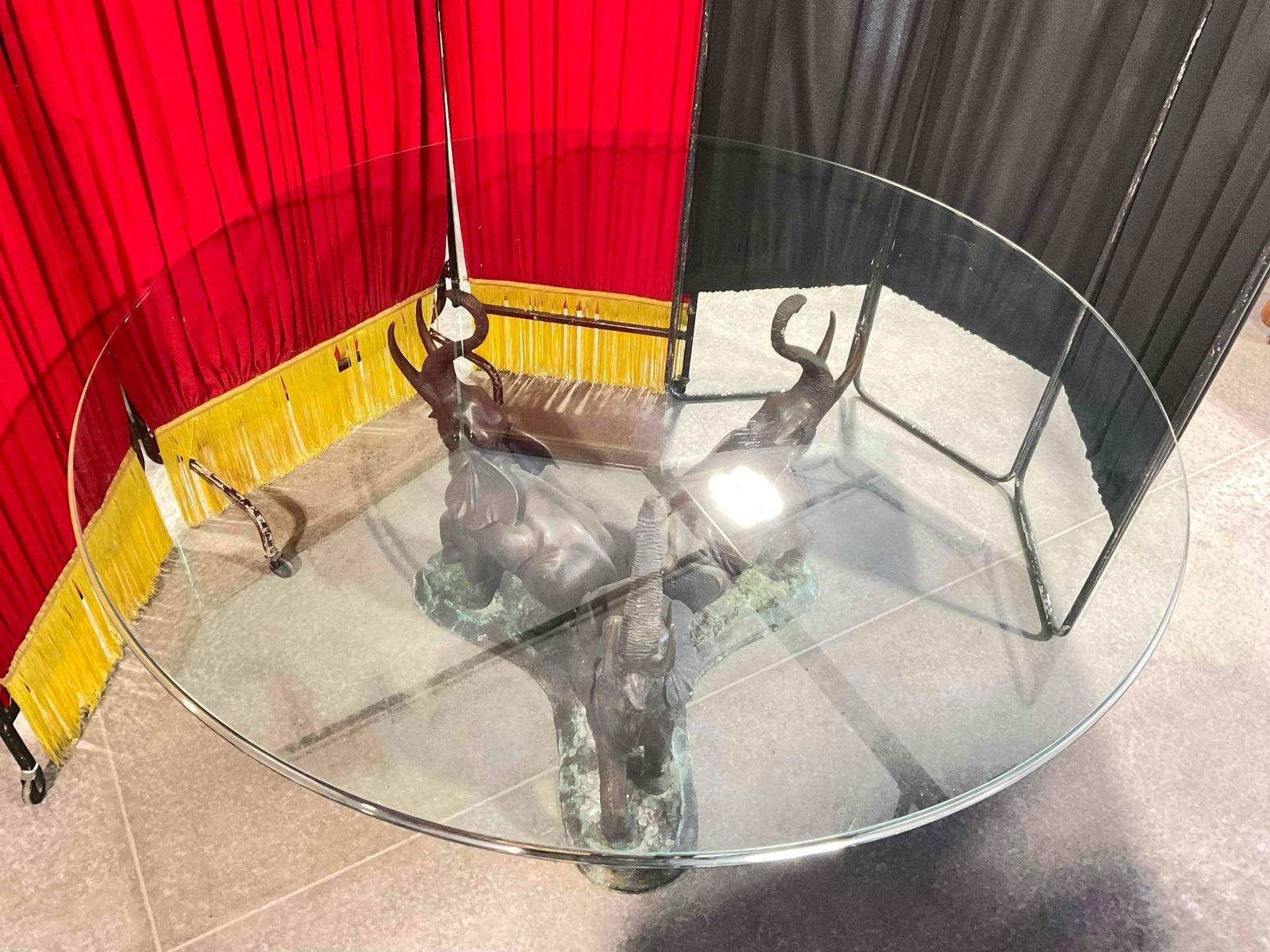 Vintage Large Glass Table w/ Impressive Base of 3 Bronze Elephants. Very Good Condition. - 7
