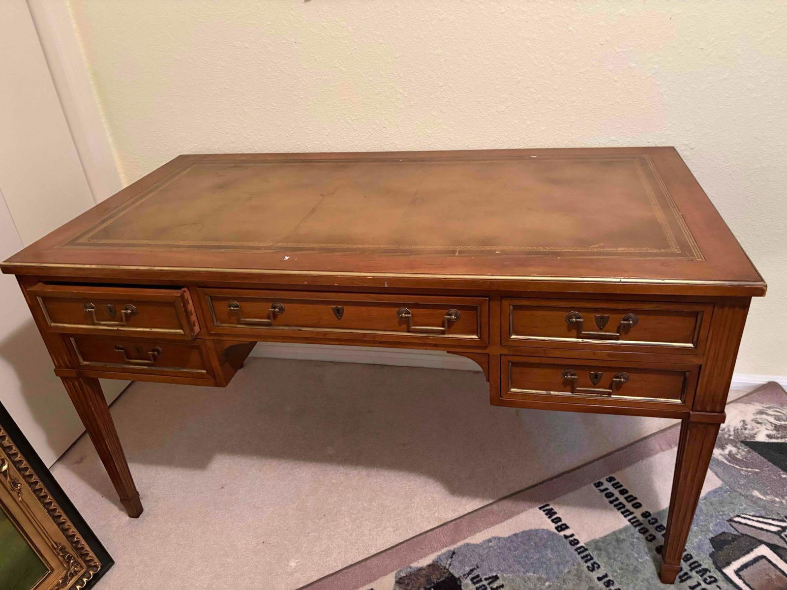 Circa 1940's mahogany & Veneer Writing Desk w/5 drawers, dove tailed & faux leather top 54 x 28 x... - 2