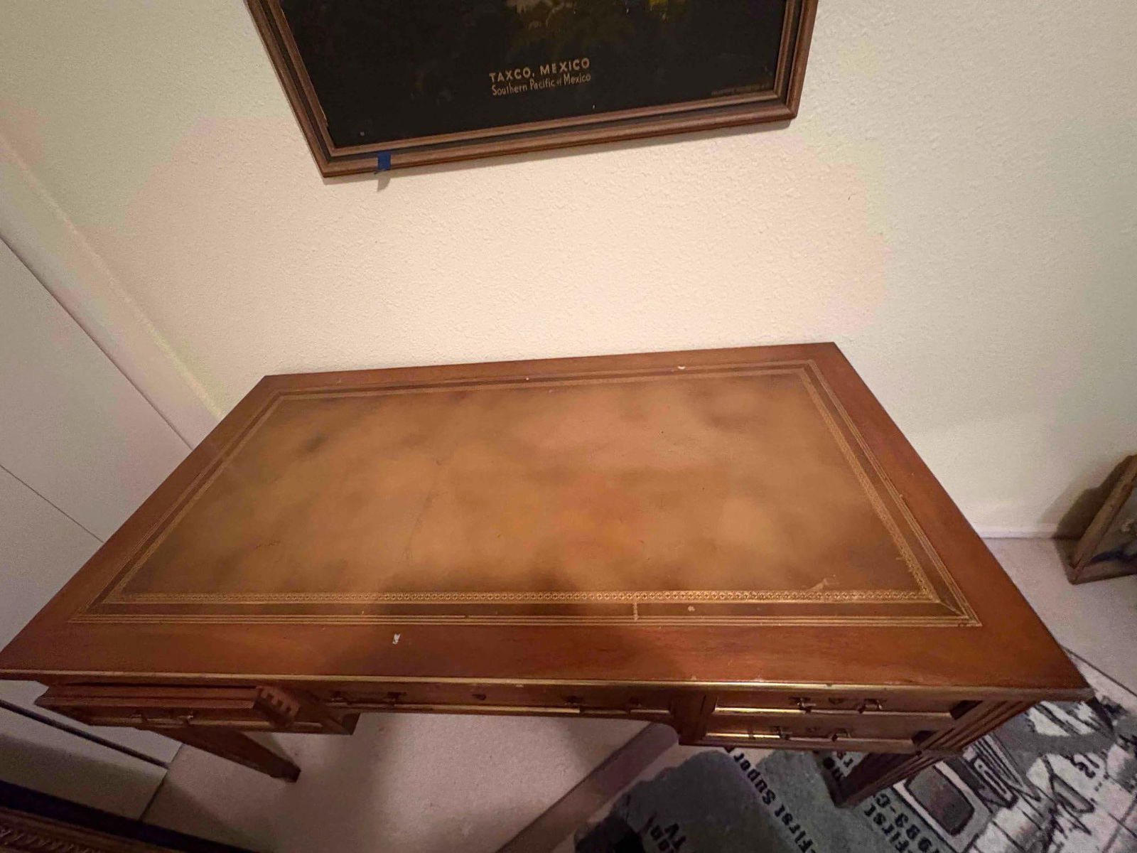 Circa 1940's mahogany & Veneer Writing Desk w/5 drawers, dove tailed & faux leather top 54 x 28 x... - 3