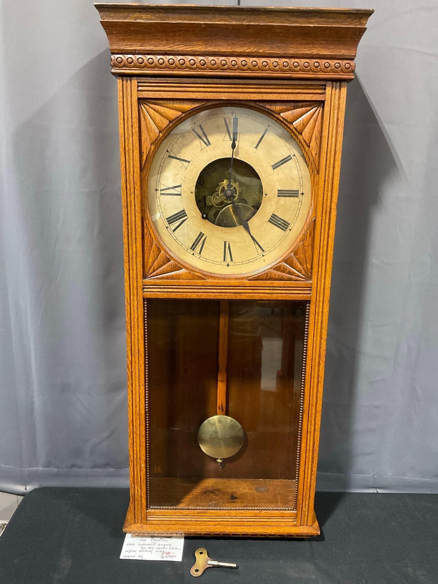 The Prentiss Clock Instr. Co 30 Day Master Clock w/ Key, 41h x 19w x 10d inches (1 of 13)