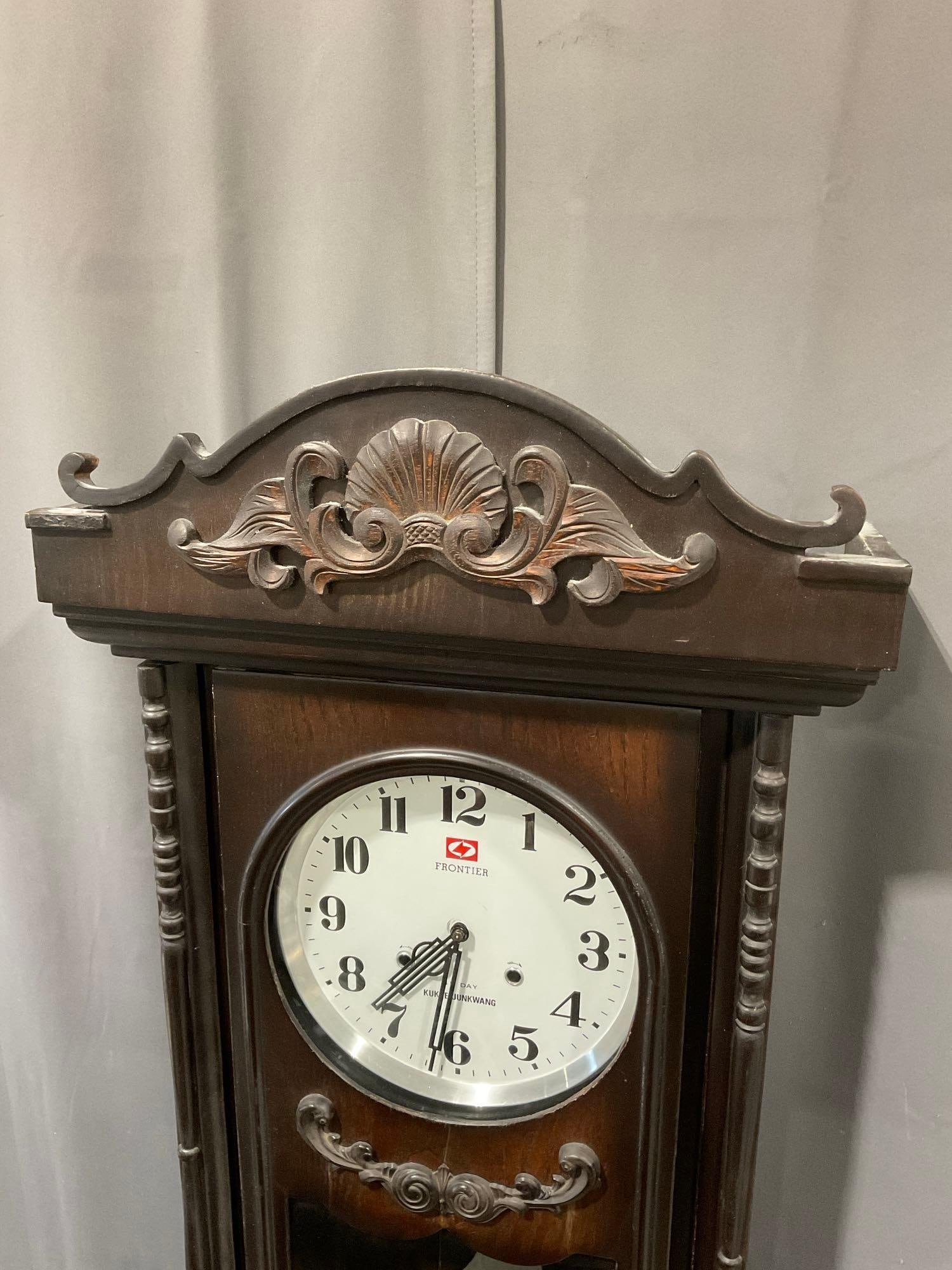 Large Frontier Kukje Junkwang 31-Day Tall Wall Time Strike Clock, 58h x 22w x 9d inches, Dark Wood - 2