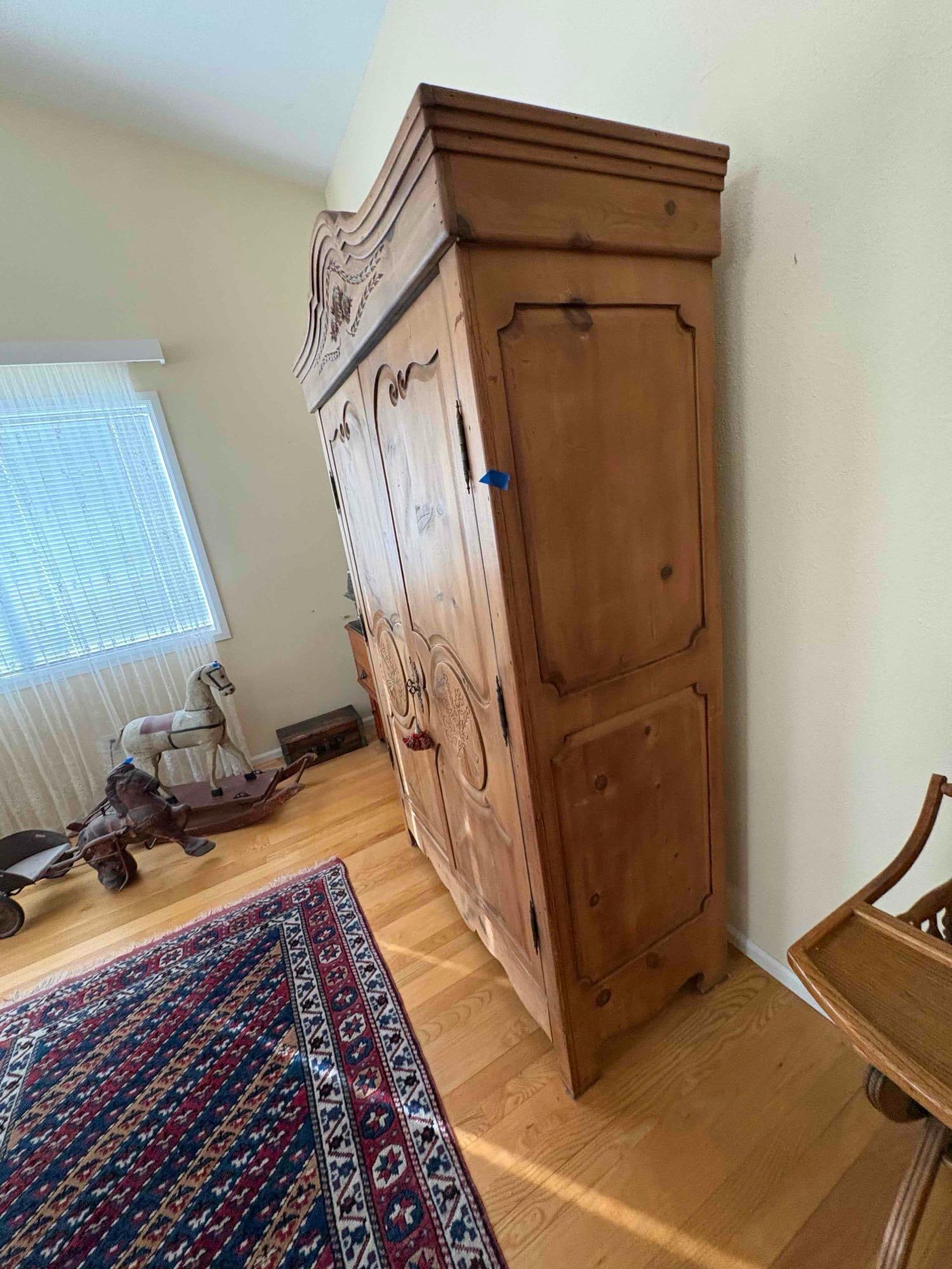 Antique Oak Wardrobe with carved rose design, has been converted to entertainment center - 2