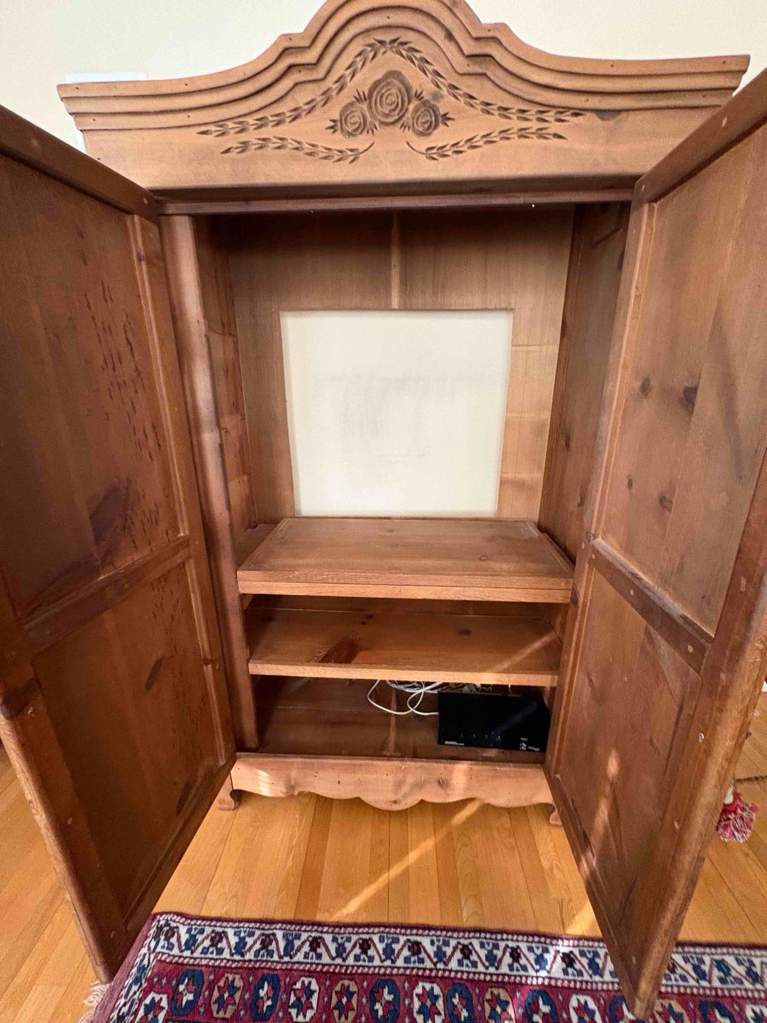 Antique Oak Wardrobe with carved rose design, has been converted to entertainment center - 3