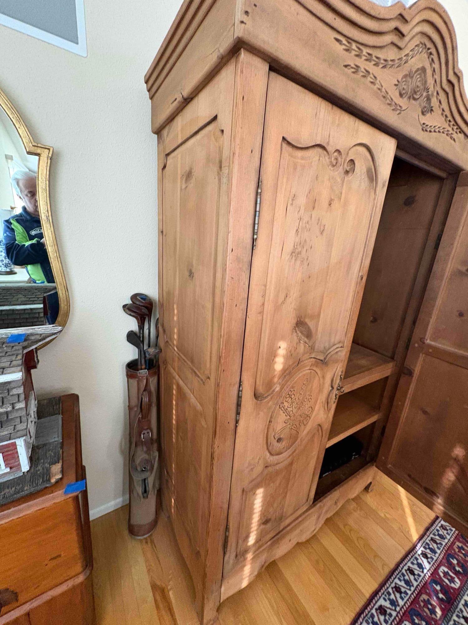 Antique Oak Wardrobe with carved rose design, has been converted to entertainment center - 6