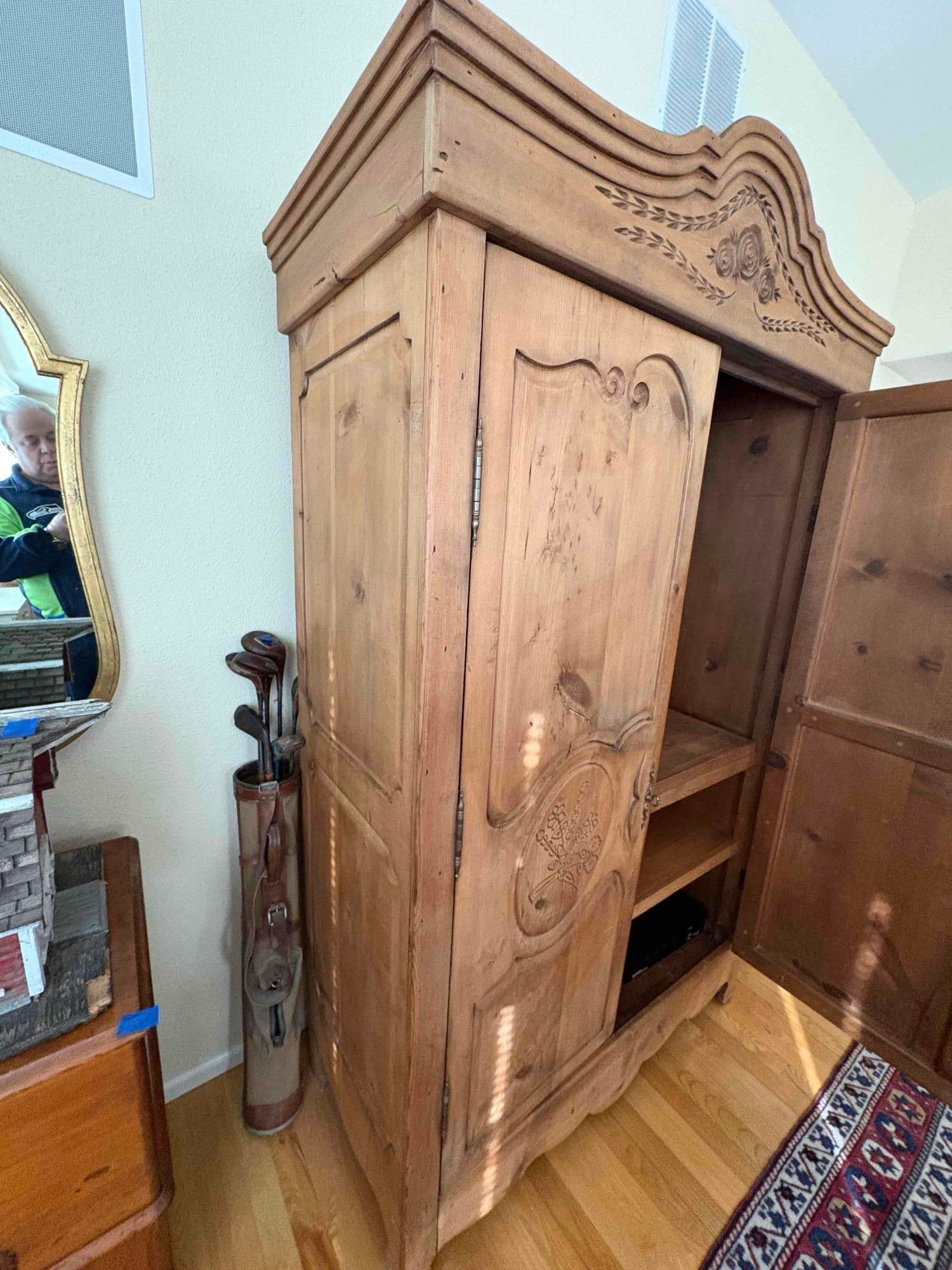 Antique Oak Wardrobe with carved rose design, has been converted to entertainment center - 7