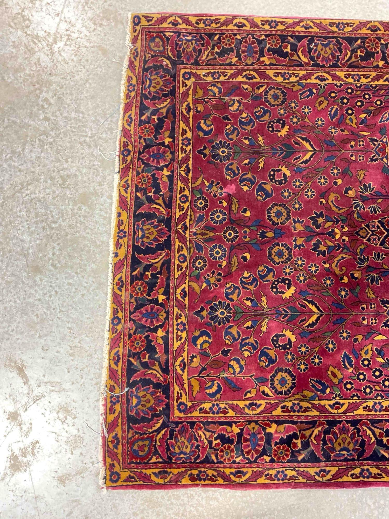 Vintage Persian Wine Red Wool Floor Rug w/ Gold Floral Design. Very Good Condition. See pics. - 4