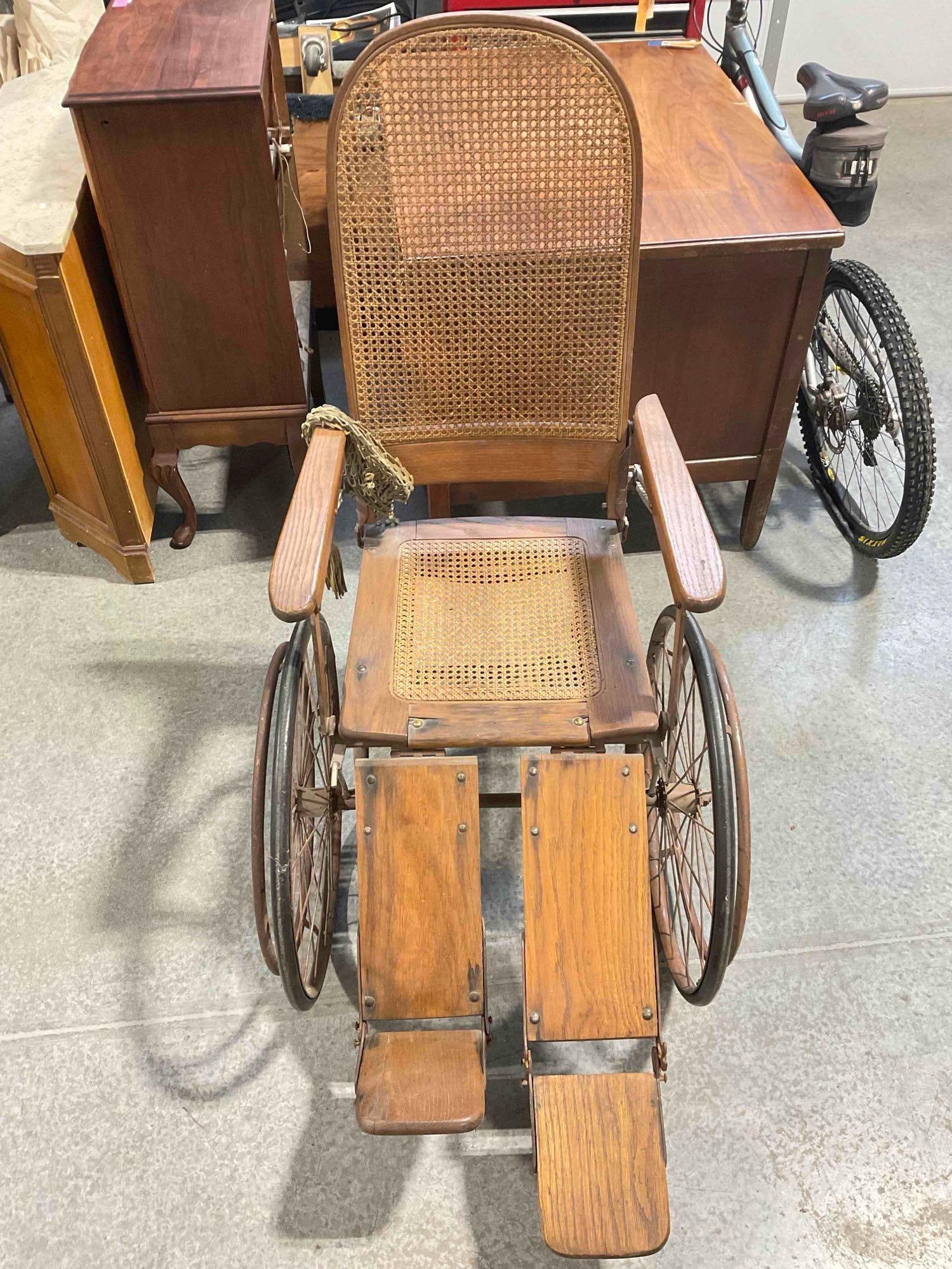 Handsome Antique Oak Wood Wheelchair w/ Caned Seat. Very Good Condition. See pics. (1 of 10)