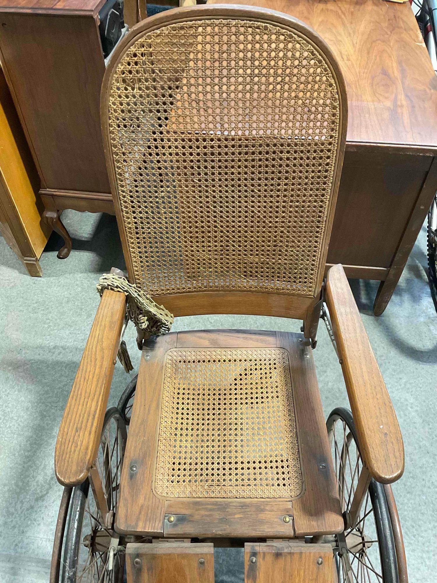 Handsome Antique Oak Wood Wheelchair w/ Caned Seat. Very Good Condition. See pics. - 7