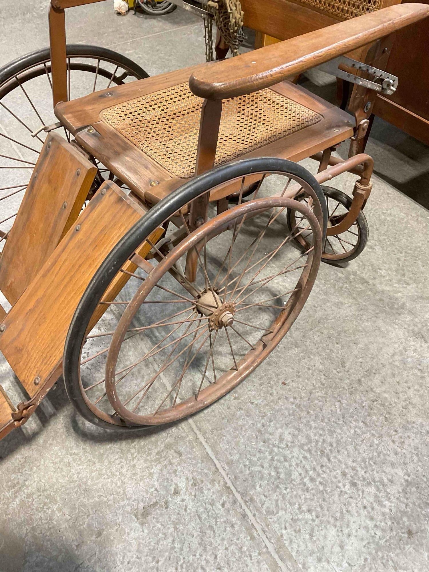 Handsome Antique Oak Wood Wheelchair w/ Caned Seat. Very Good Condition. See pics. - 9