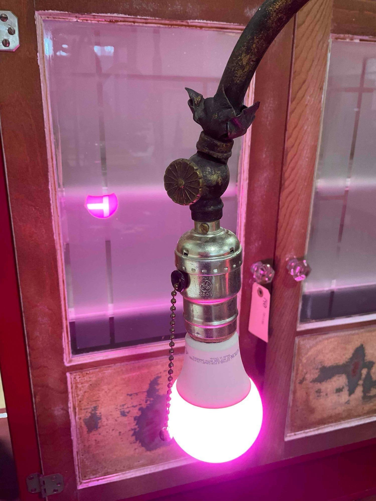 Vintage Metal Floor Lamp w/ Botanical Motif & Pink Light Bulb. Tested, Works. Very Good Cond. - 3