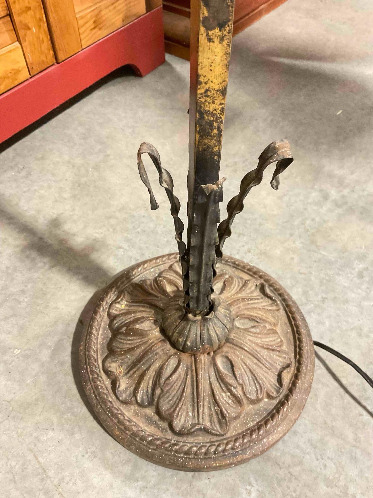Vintage Metal Floor Lamp w/ Botanical Motif & Pink Light Bulb. Tested, Works. Very Good Cond. - 4