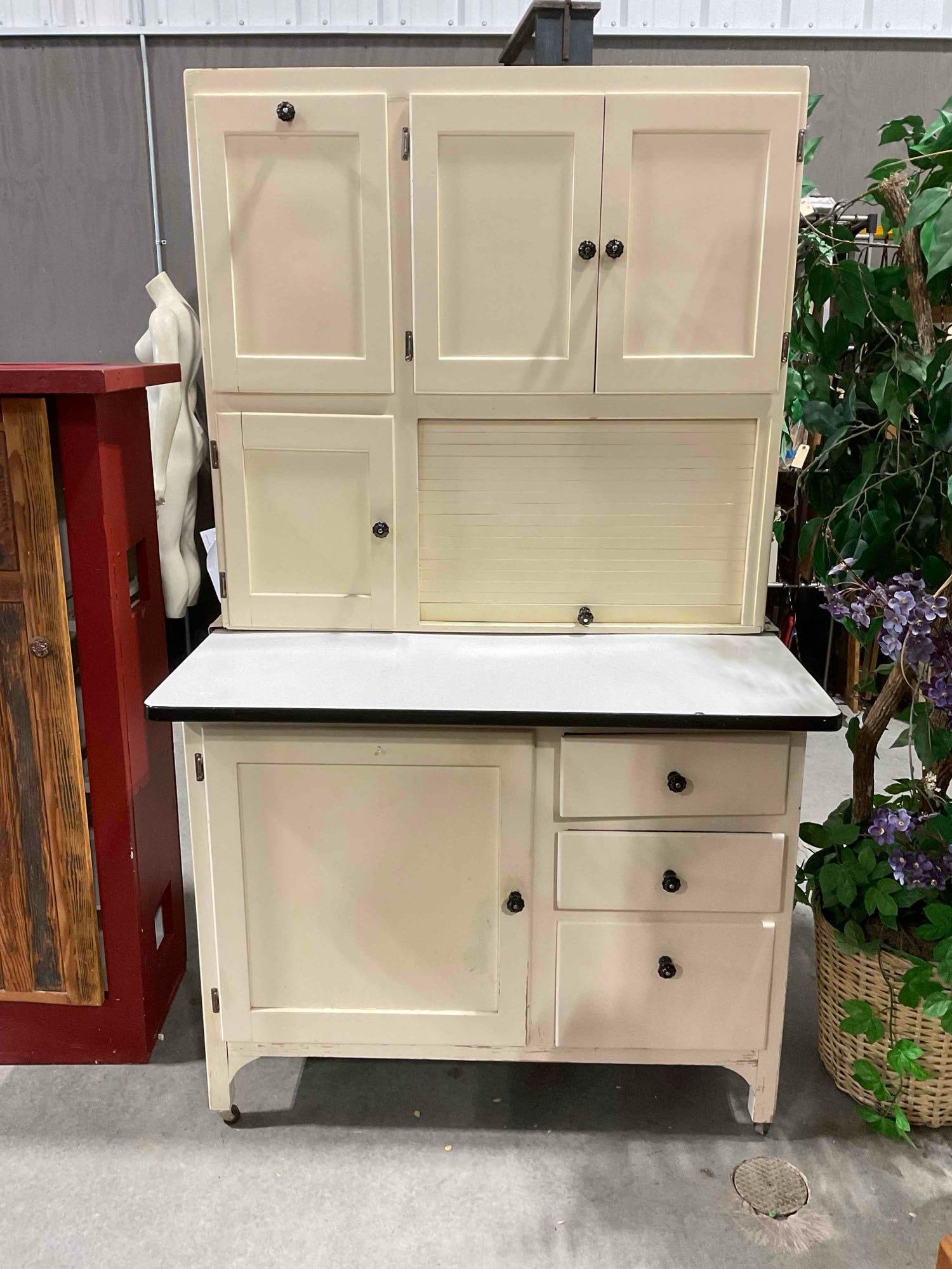 Vintage 2-Piece Cream Painted Kitchen Queen Hutch w/ White Enamel Counter. Very Good Cond. (1 of 9)