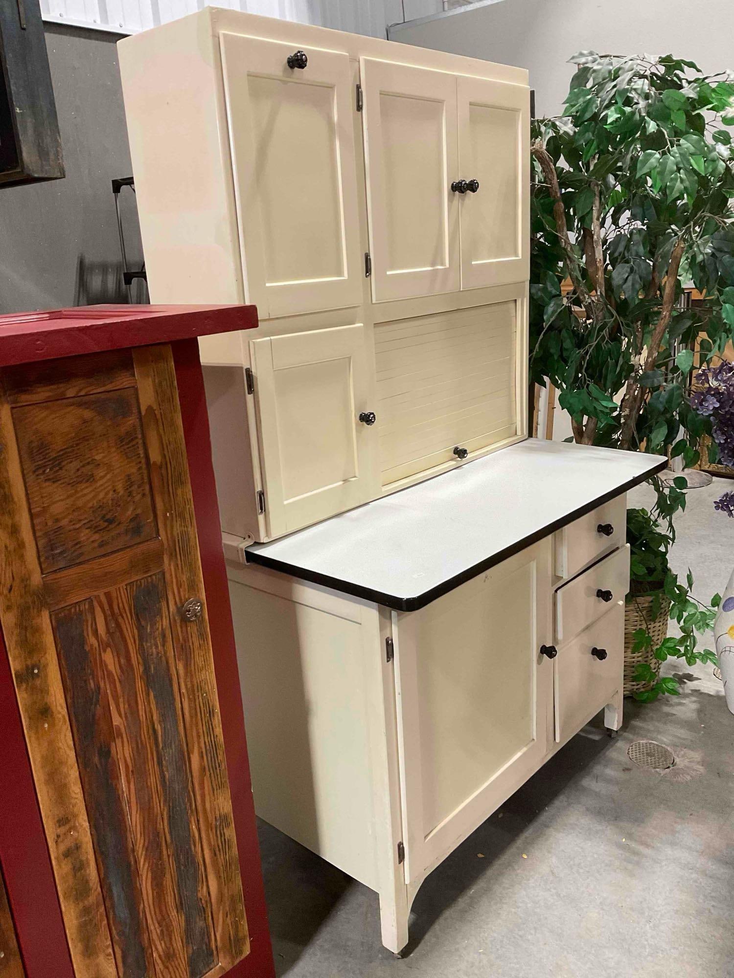 Vintage 2-Piece Cream Painted Kitchen Queen Hutch w/ White Enamel Counter. Very Good Cond. - 2