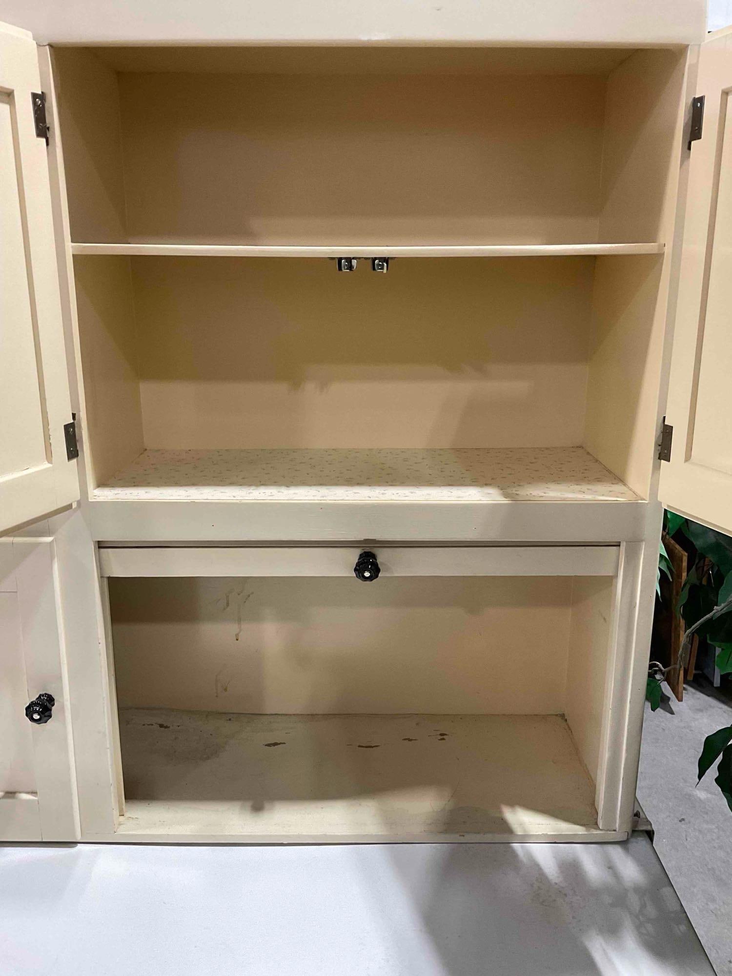 Vintage 2-Piece Cream Painted Kitchen Queen Hutch w/ White Enamel Counter. Very Good Cond. - 7