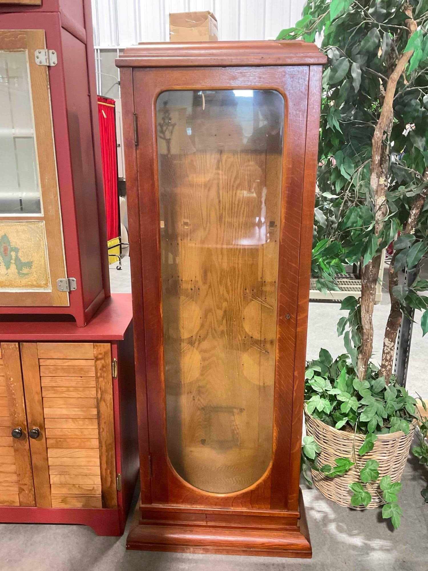 Antique Oak Wood Glass Fronted Clock Cabinet w/ No Clock. Condition As Is. See pics.: Antique Oak Wood Glass Fronted Clock Cabinet w/ No Clock. Condition As Is. Beautiful wood with lovely grain. Door has no knob, hard to open. Piece hs wear indicative of age, back is pitted, condition