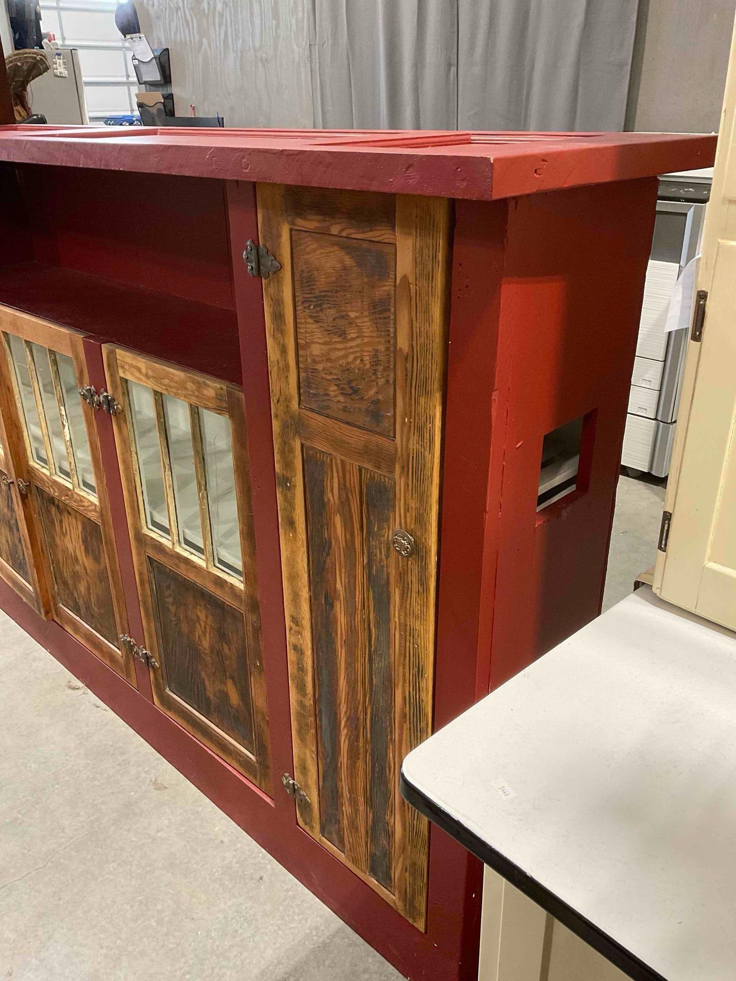 Vintage Antiqued Red Painted Buffet Cabinet w/ 4 Cabinets & Multiple Shelves. Very Good Cond. - 2