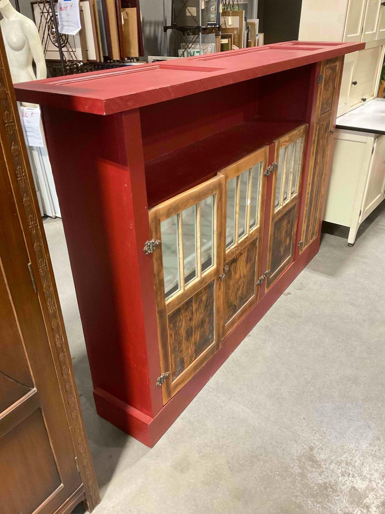 Vintage Antiqued Red Painted Buffet Cabinet w/ 4 Cabinets & Multiple Shelves. Very Good Cond. - 3