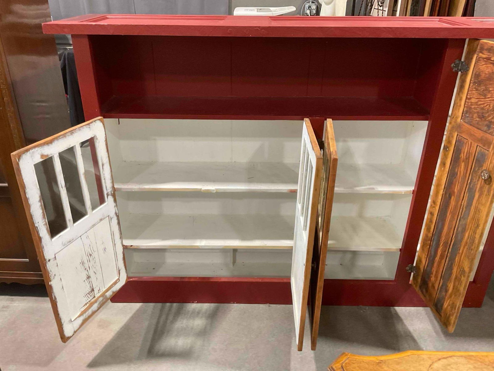 Vintage Antiqued Red Painted Buffet Cabinet w/ 4 Cabinets & Multiple Shelves. Very Good Cond. - 4