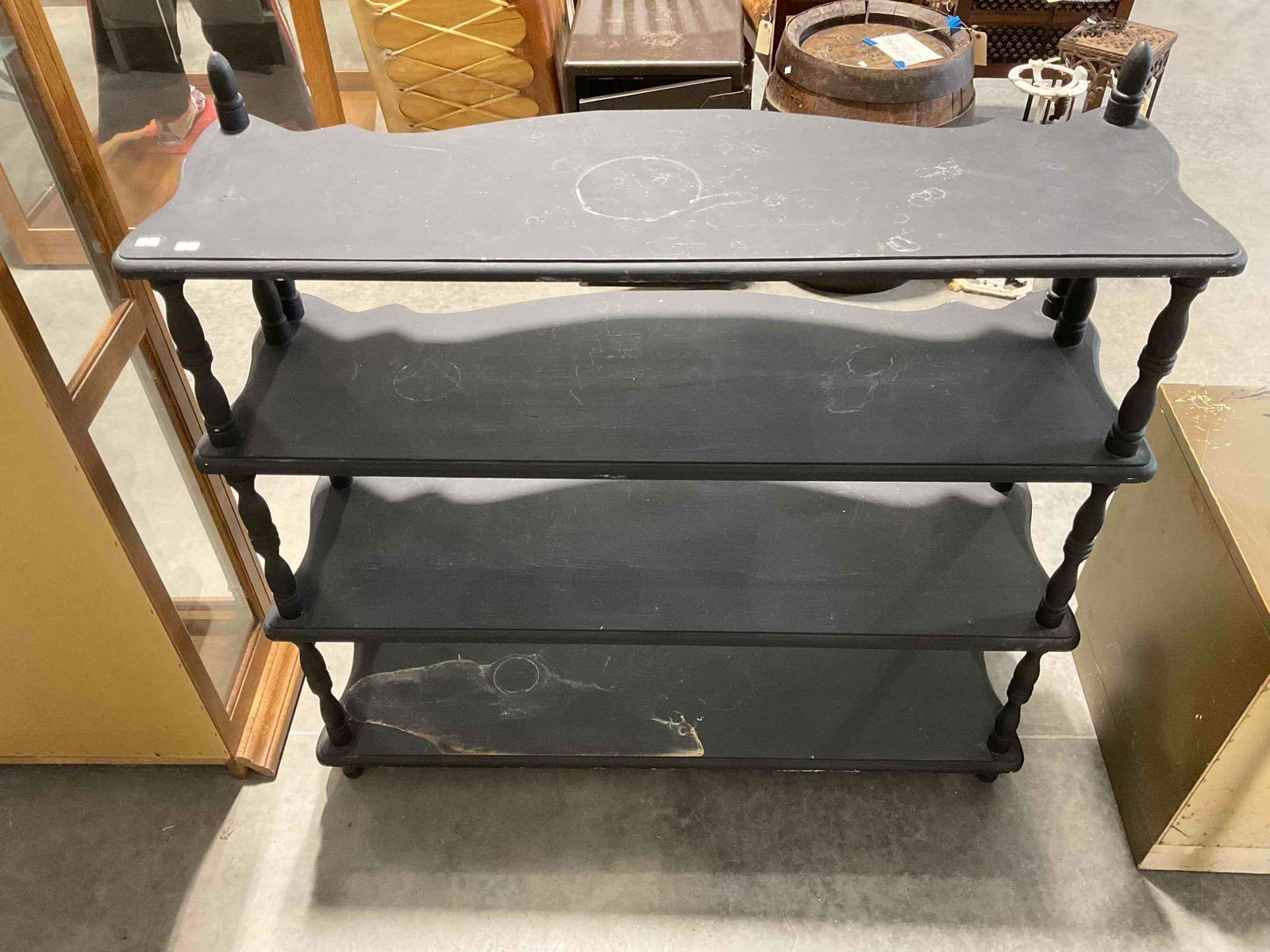 Vintage Black Painted Wooden 4-Tier Shelf w/ Scalloped Edges. Good Condition. See pics. - 6
