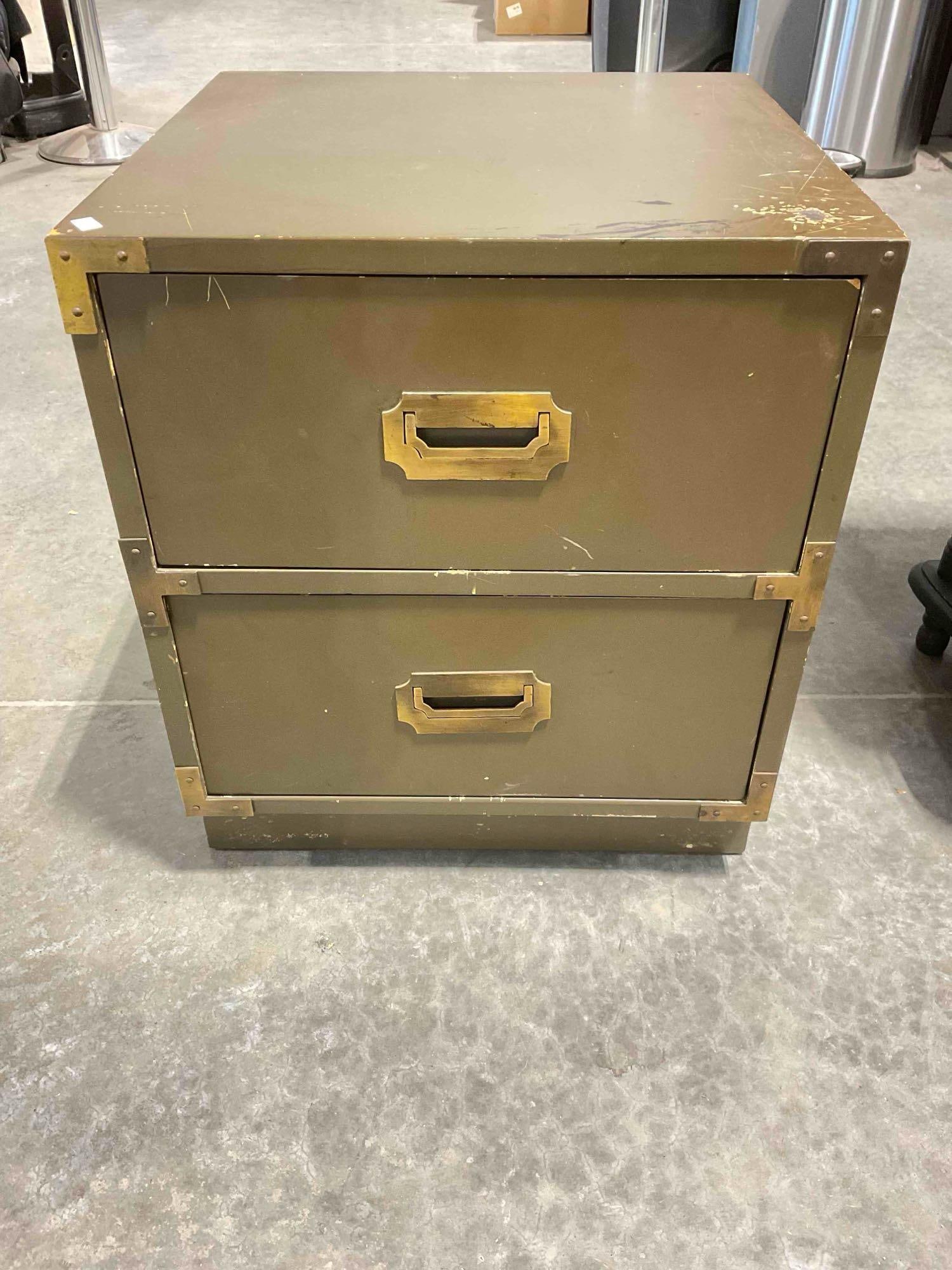 Vintage Brown Painted Wooden Cabinet w/ 2x Drawers & Brass Drawer Pulls. Good Condition.: Vintage Brown Painted Wooden Cabinet w/ 2x Drawers & Brass Drawer Pulls. Good Condition. Has a military style. Has wear indicative of age and use, condition is otherwise good. Measures 18" x 18" x