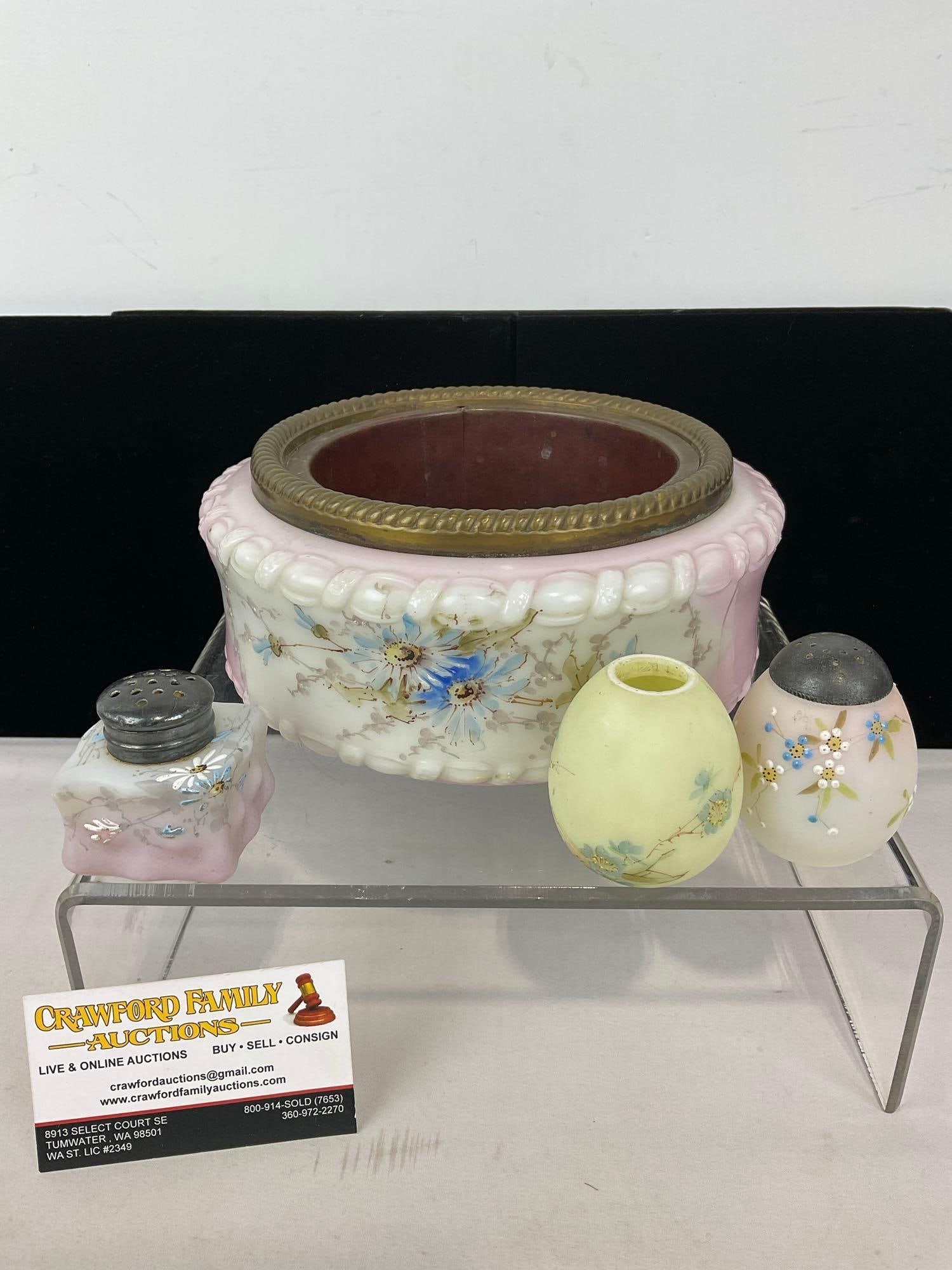 C.F. Monroe Wave Crest Glass Ferner, 3 Salt & Pepper Shakers, Milk Glass, Handpainted, 5h x 9w x 9d: Appears to be in good shape. The piece measures approx 5h x 9w x 9d inches. See pics. E-5380