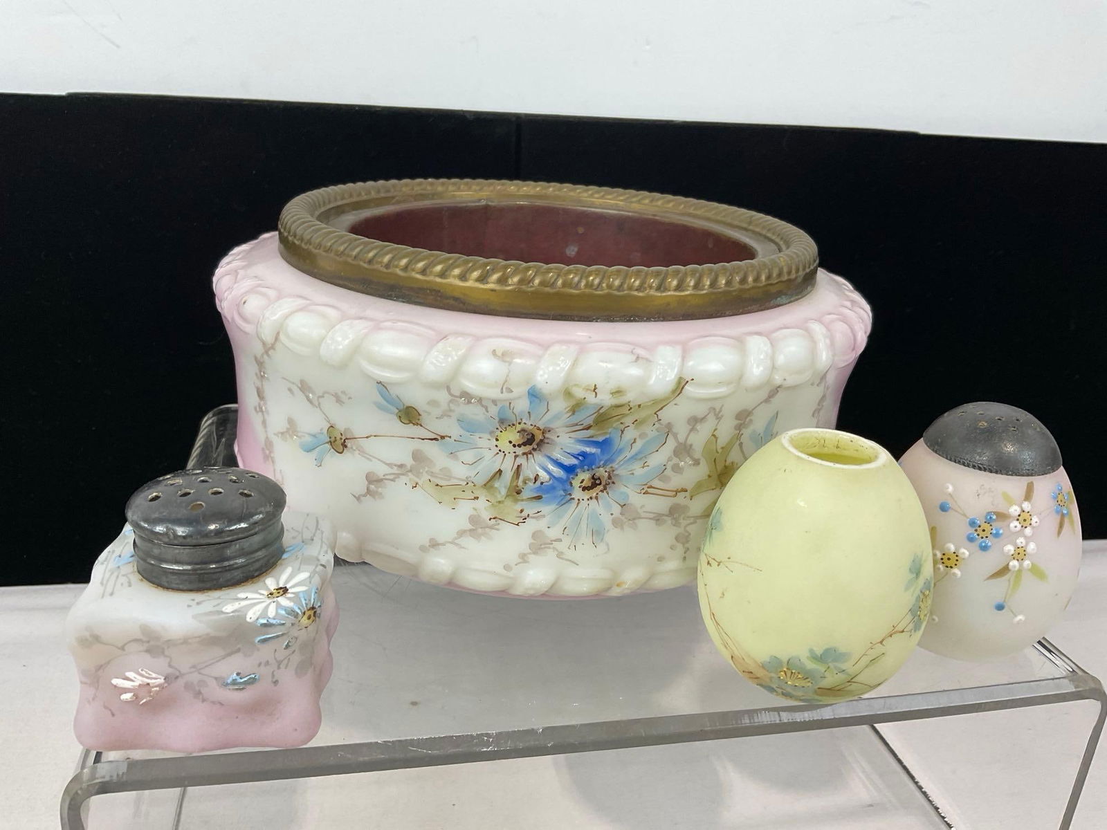 C.F. Monroe Wave Crest Glass Ferner, 3 Salt & Pepper Shakers, Milk Glass, Handpainted, 5h x 9w x 9d - 2