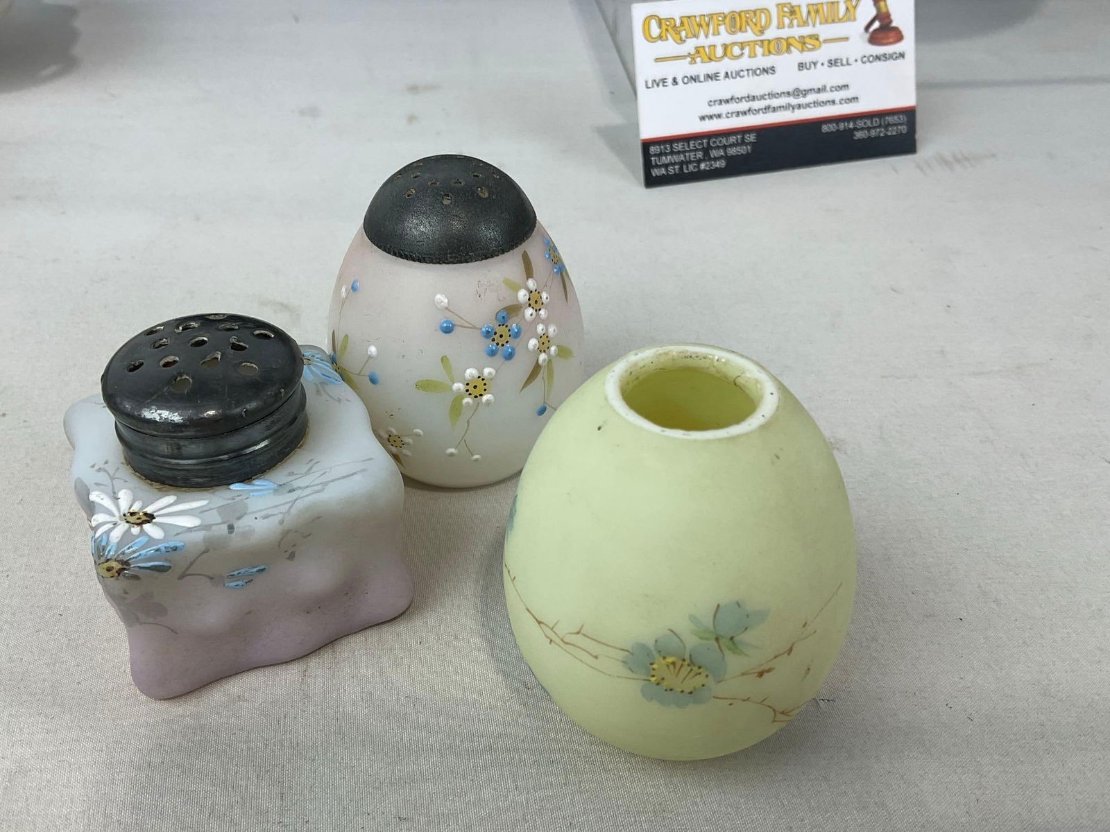 C.F. Monroe Wave Crest Glass Ferner, 3 Salt & Pepper Shakers, Milk Glass, Handpainted, 5h x 9w x 9d - 3