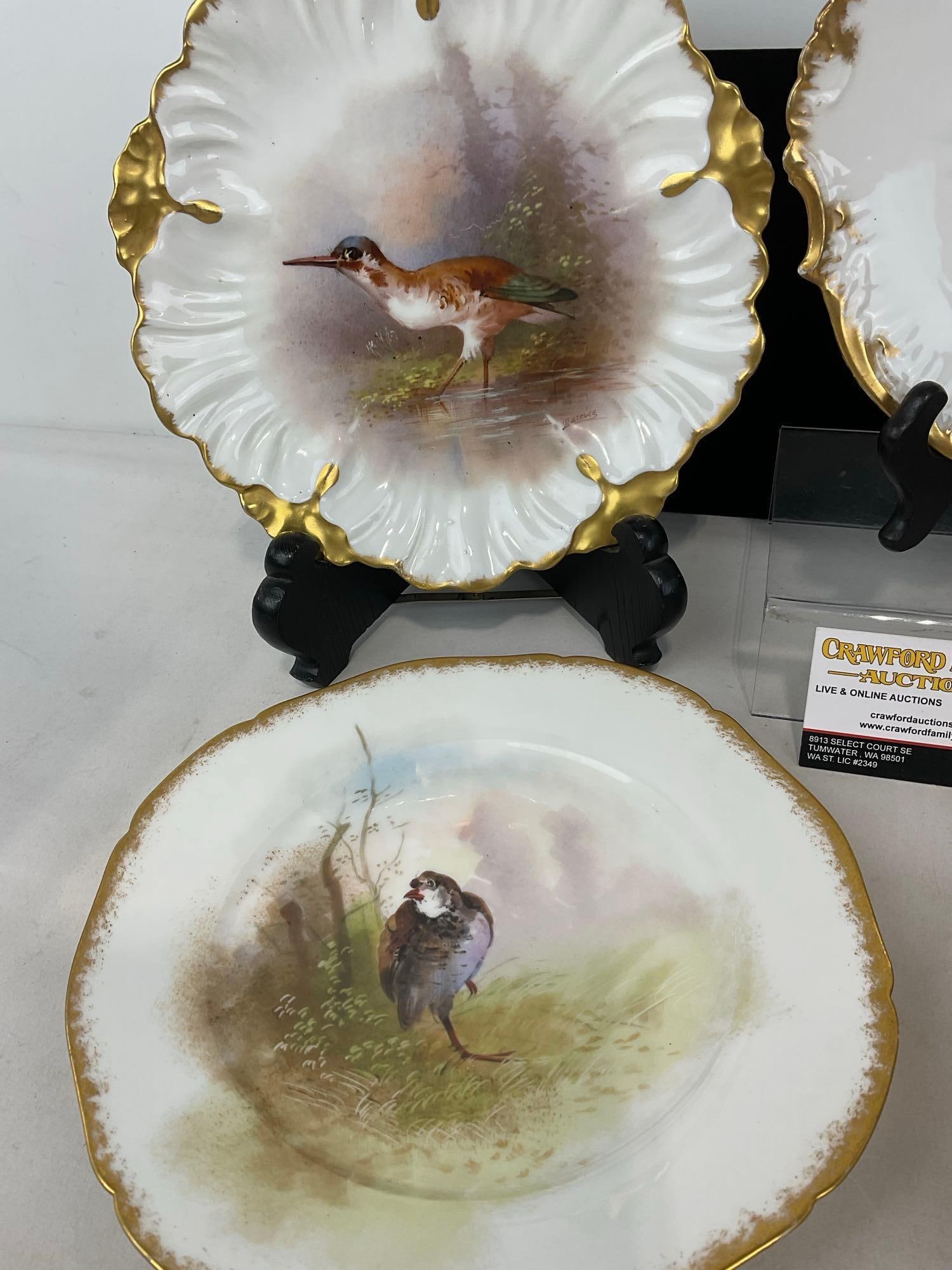 6 Plates, 4 French Limoges Handpainted Porcelain Plates, 2 Minton Gilt Edge Dinner Plates - 2
