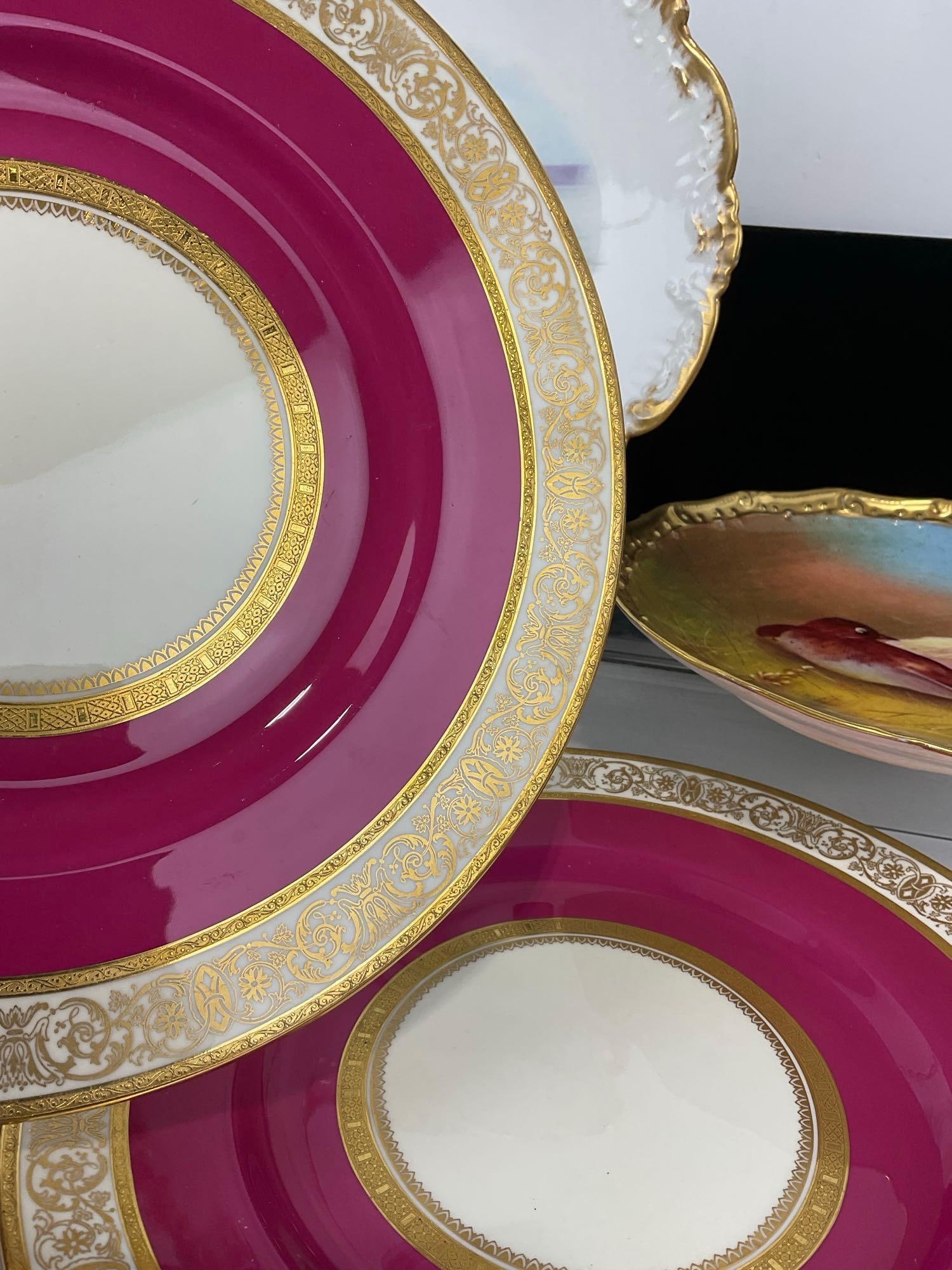 6 Plates, 4 French Limoges Handpainted Porcelain Plates, 2 Minton Gilt Edge Dinner Plates - 5