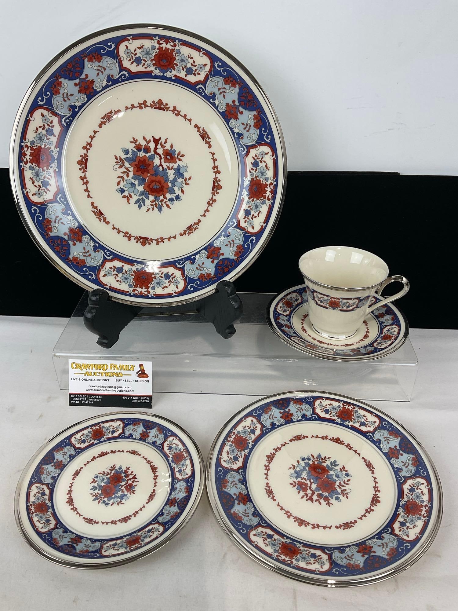 Lenox Interlude Pattern, Service for 1, Blue/Red Pattern, Cup, Saucer, Bread, Lunch & Dinner Plates (1 of 3)