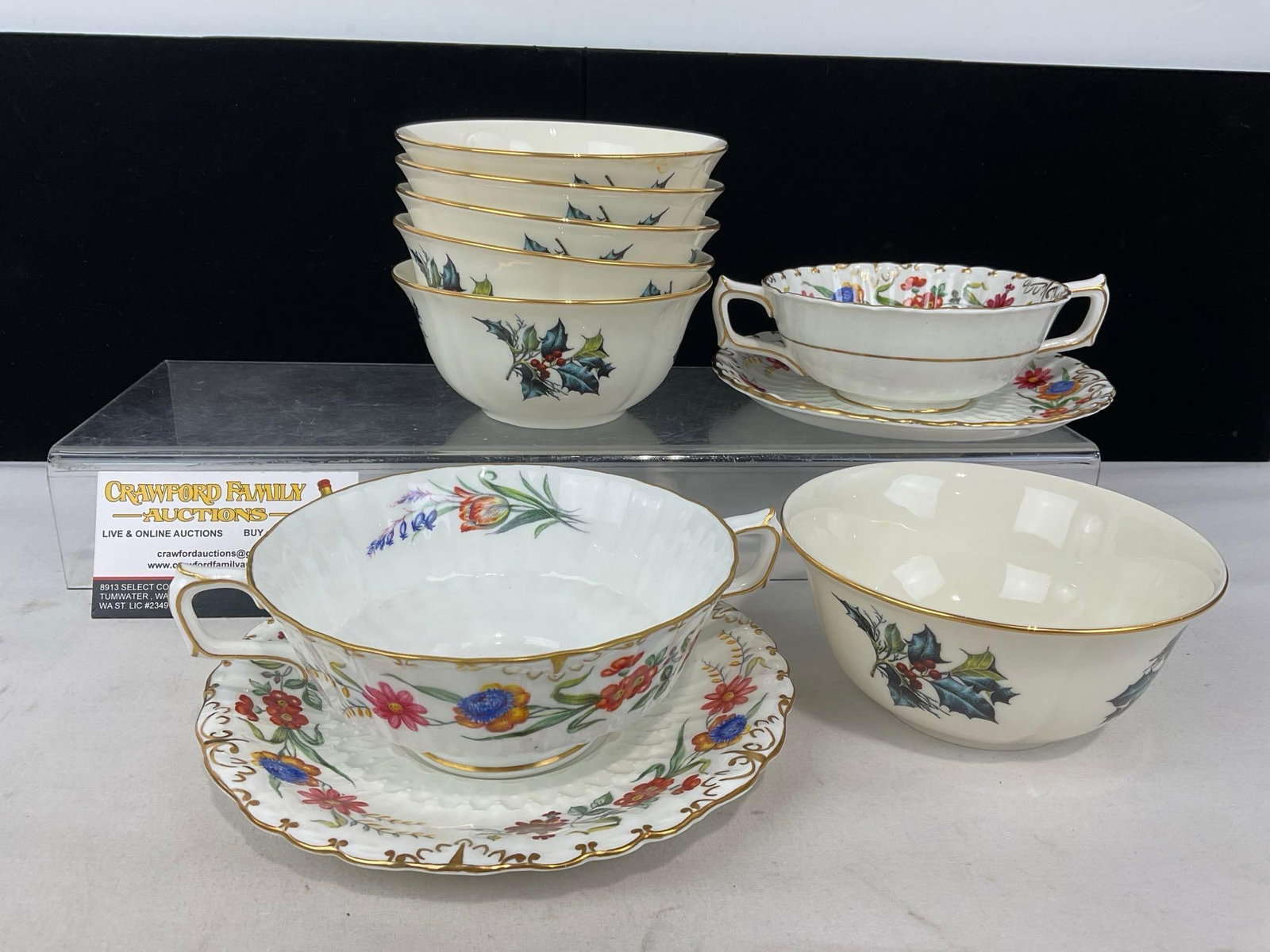 Pair of Soup Bowls w/ Saucers, Royal Crown Derby Chatsworth & 6 Lenox Bowls, Winter Greetings Pat.: Appears to be in good shape. The piece measures approx 8h x 8w x 8d inches. See pics. E-5380 